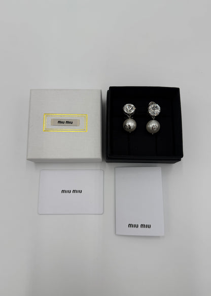Miu Miu Orecchini Clip Argento e Perle a Goccia