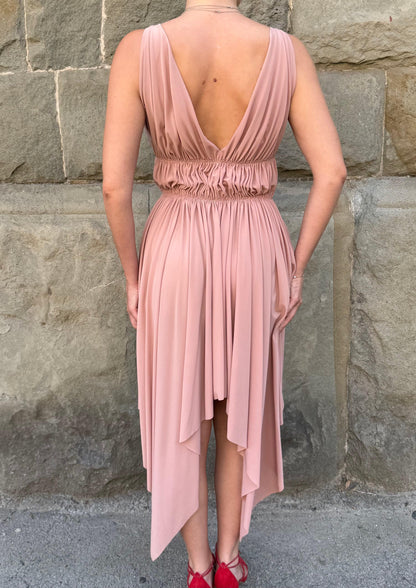 Norma Kamali Abito Midi Asimmetrico con Scollo Profondo Rosa Cipria - Pally Vintage Closet