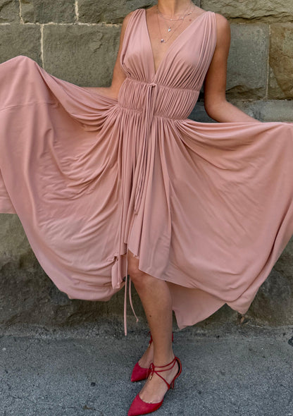Norma Kamali Abito Midi Asimmetrico con Scollo Profondo Rosa Cipria - Pally Vintage Closet