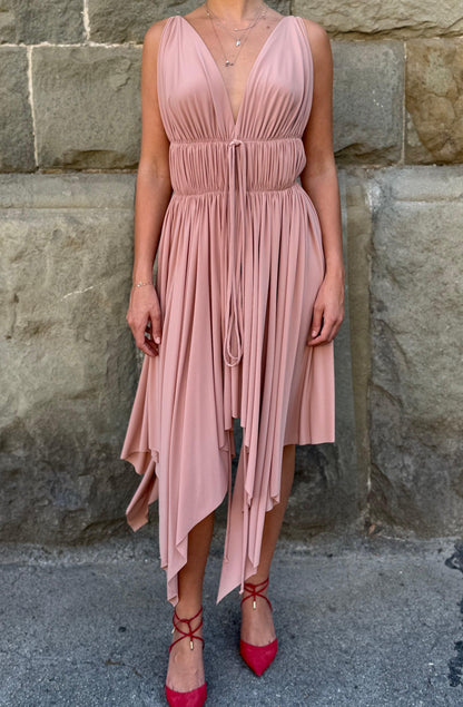 Norma Kamali Abito Midi Asimmetrico con Scollo Profondo Rosa Cipria - Pally Vintage Closet