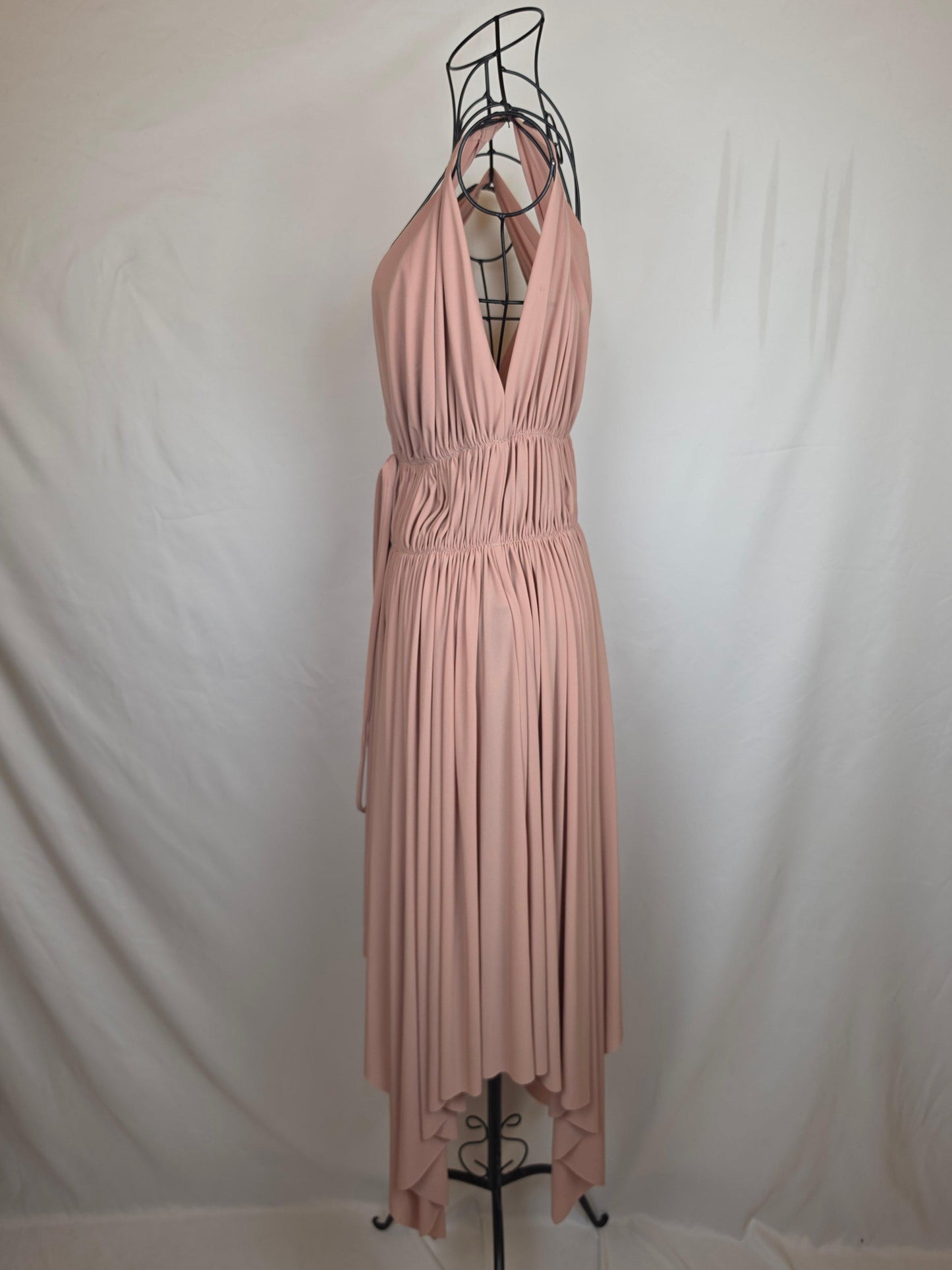 Norma Kamali Abito Midi Asimmetrico con Scollo Profondo Rosa Cipria - Pally Vintage Closet