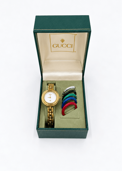 Gucci Orologio Vintage 11/12 con Ghiere Intercambiabili e Bracciale a Maglia Oro