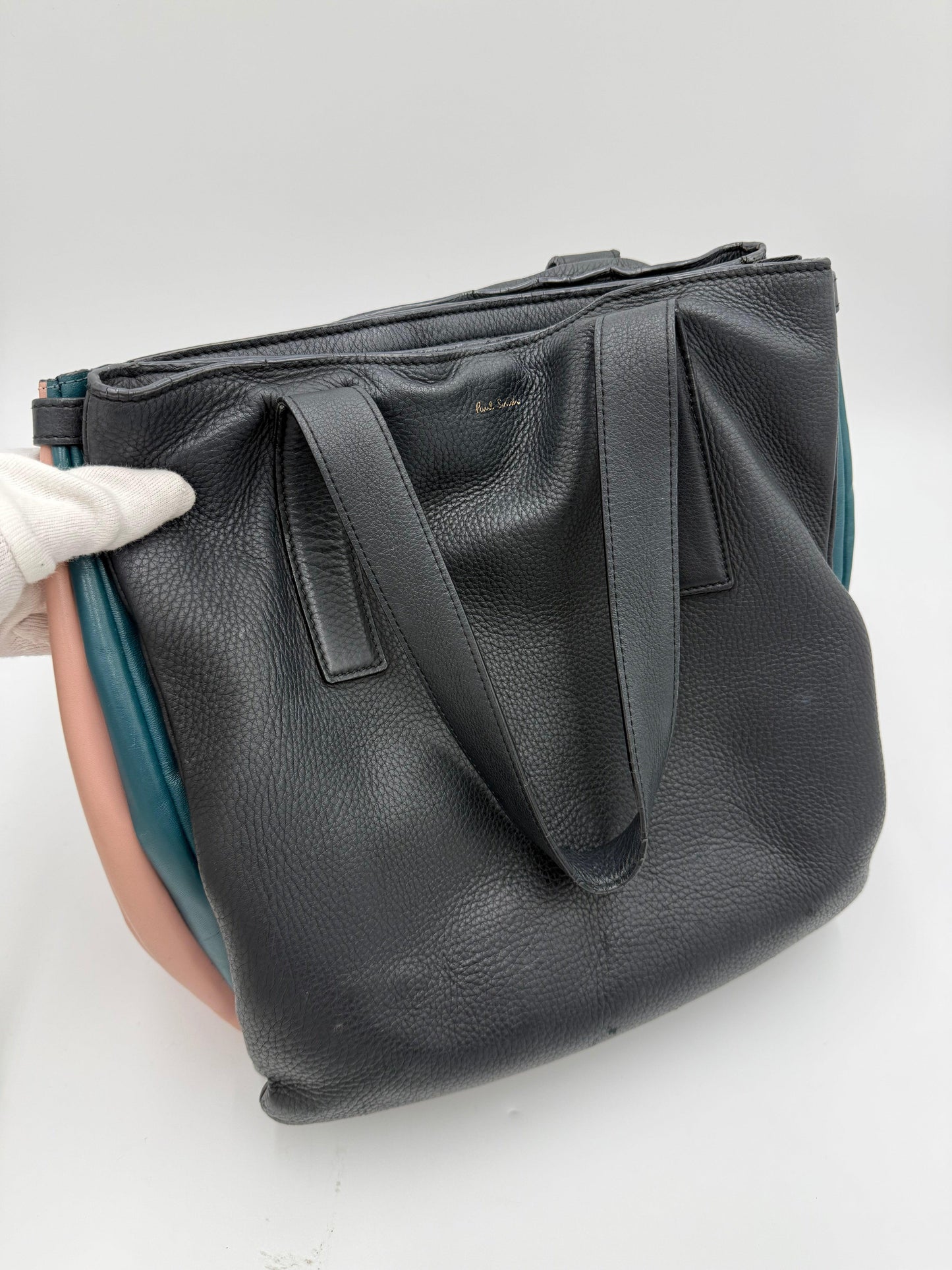 Paul Smith Borsa Tote Concertina in Pelle Martellata Color-Block Blu Navy - Pally Vintage Closet
