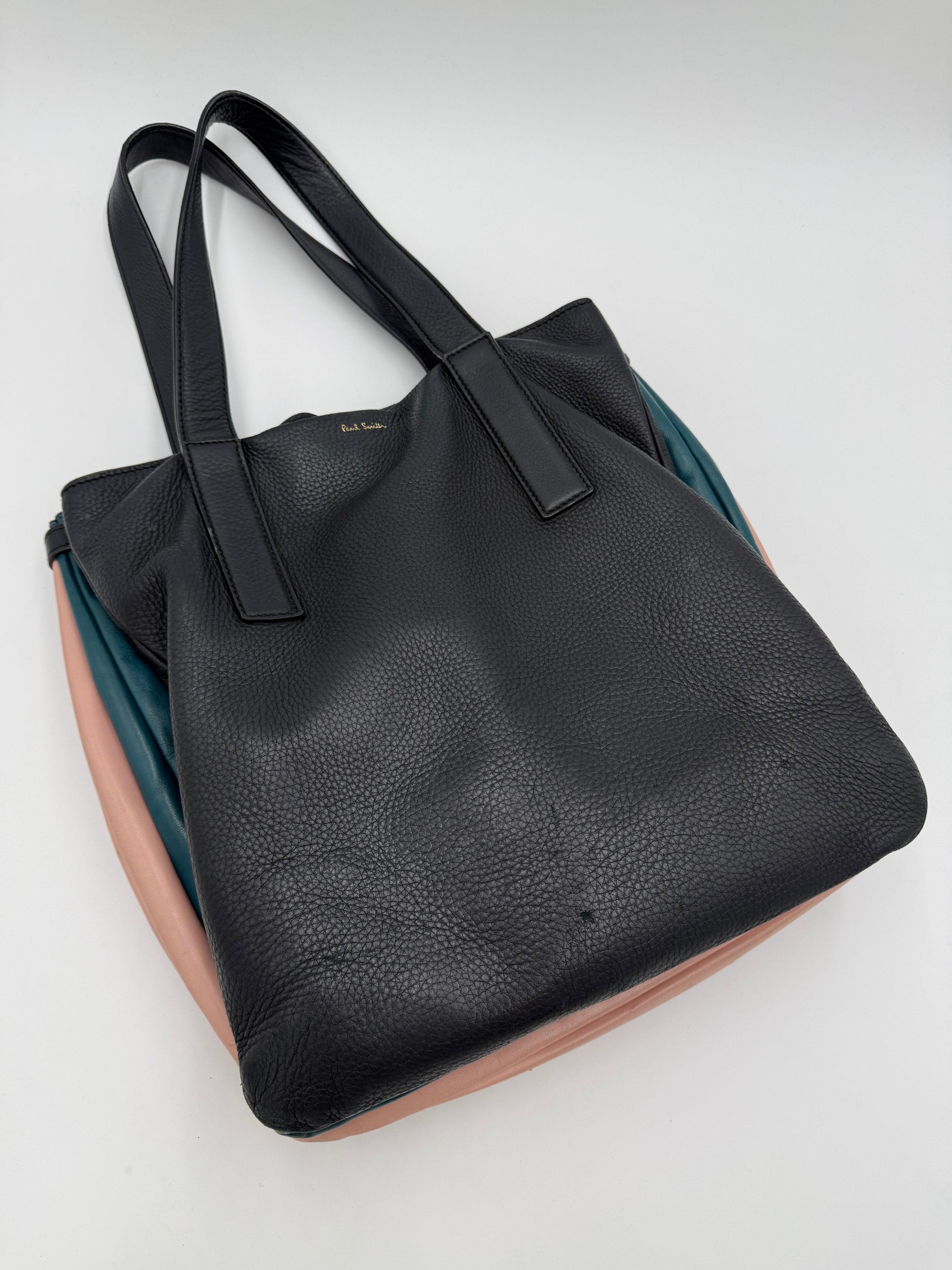 Paul Smith Borsa Tote Concertina in Pelle Martellata Color-Block Blu Navy - Pally Vintage Closet