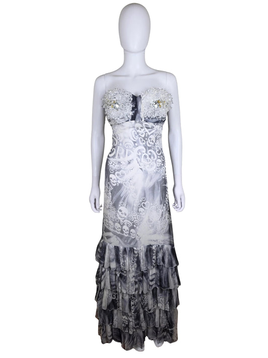 Philipp Plein Abito Lungo Rock Goddess in Seta con Corpetto di Cristalli Bianco e Grigio - Pally Vintage Closet