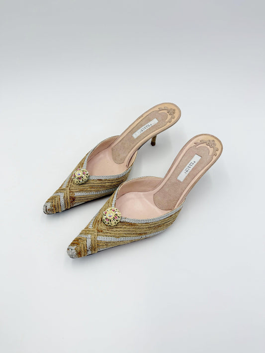Pollini Scarpe Mule Vintage a Punta con Motivo Intrecciato Oro e Multicolore - Pally Vintage Closet