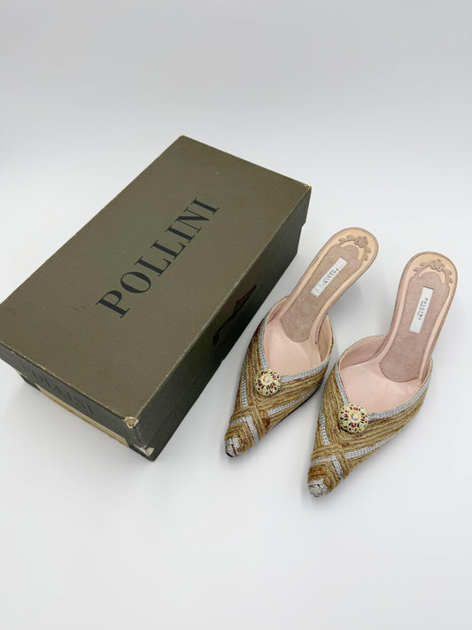 Pollini Scarpe Mule Vintage a Punta con Motivo Intrecciato Oro e Multicolore - Pally Vintage Closet