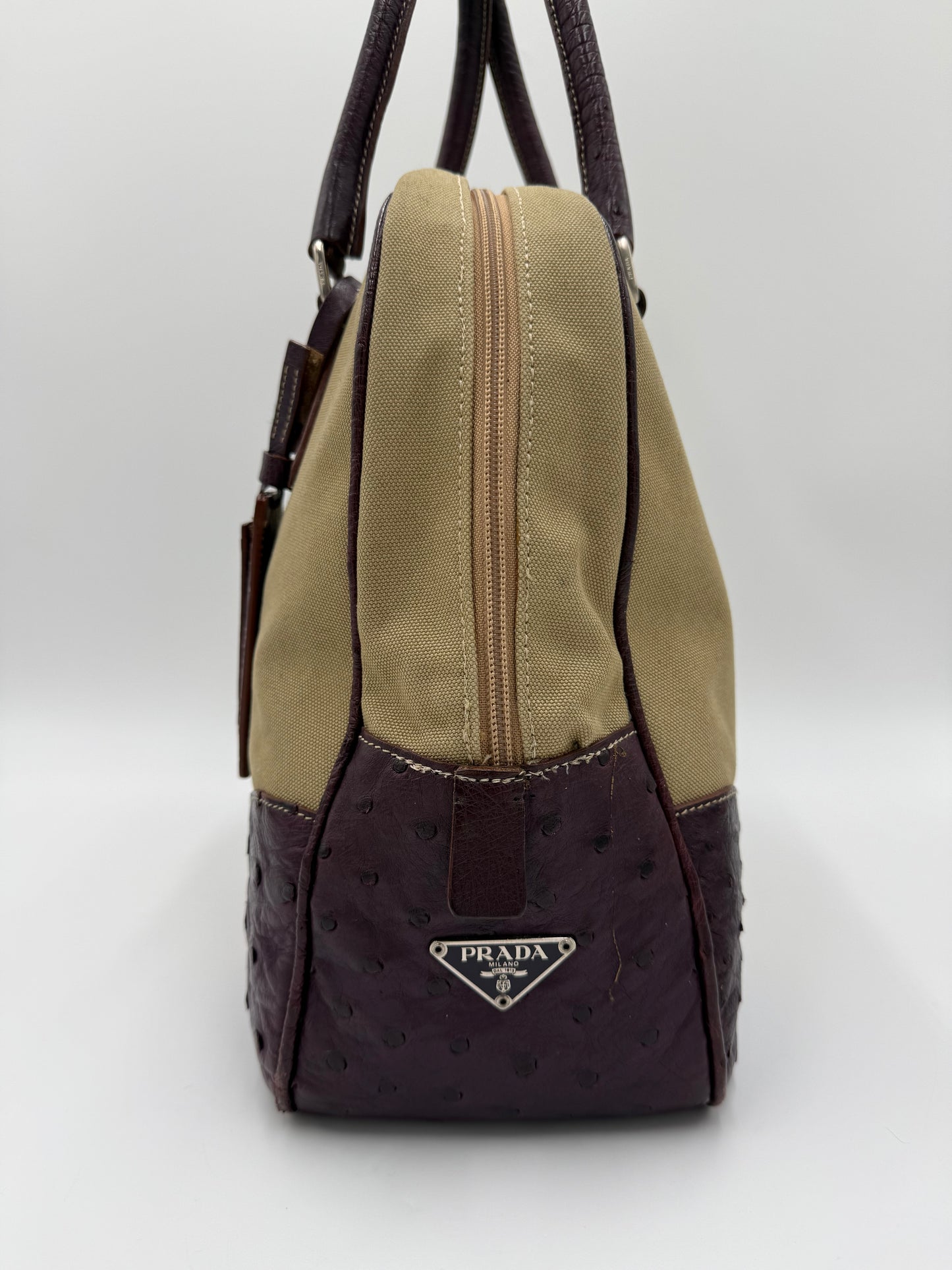 Prada Bauletto Vintage in Tela e Pelle di Struzzo Viola - Pally Vintage Closet