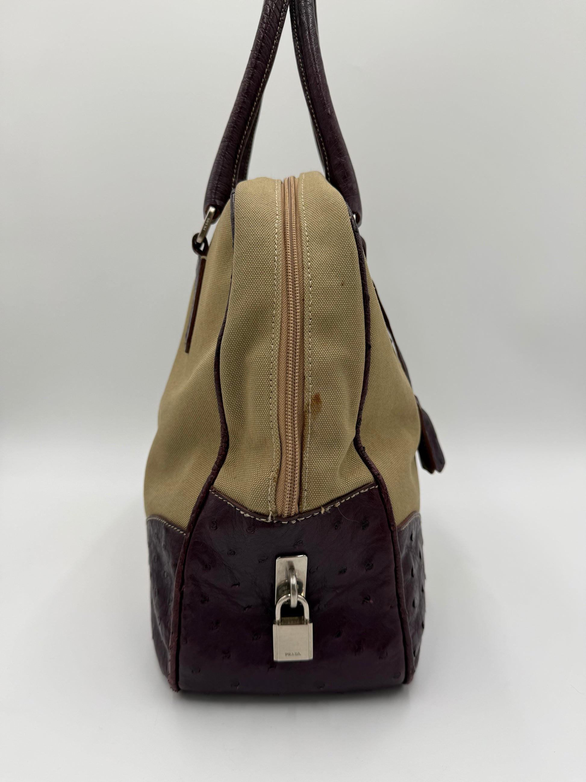 Prada Bauletto Vintage in Tela e Pelle di Struzzo Viola - Pally Vintage Closet