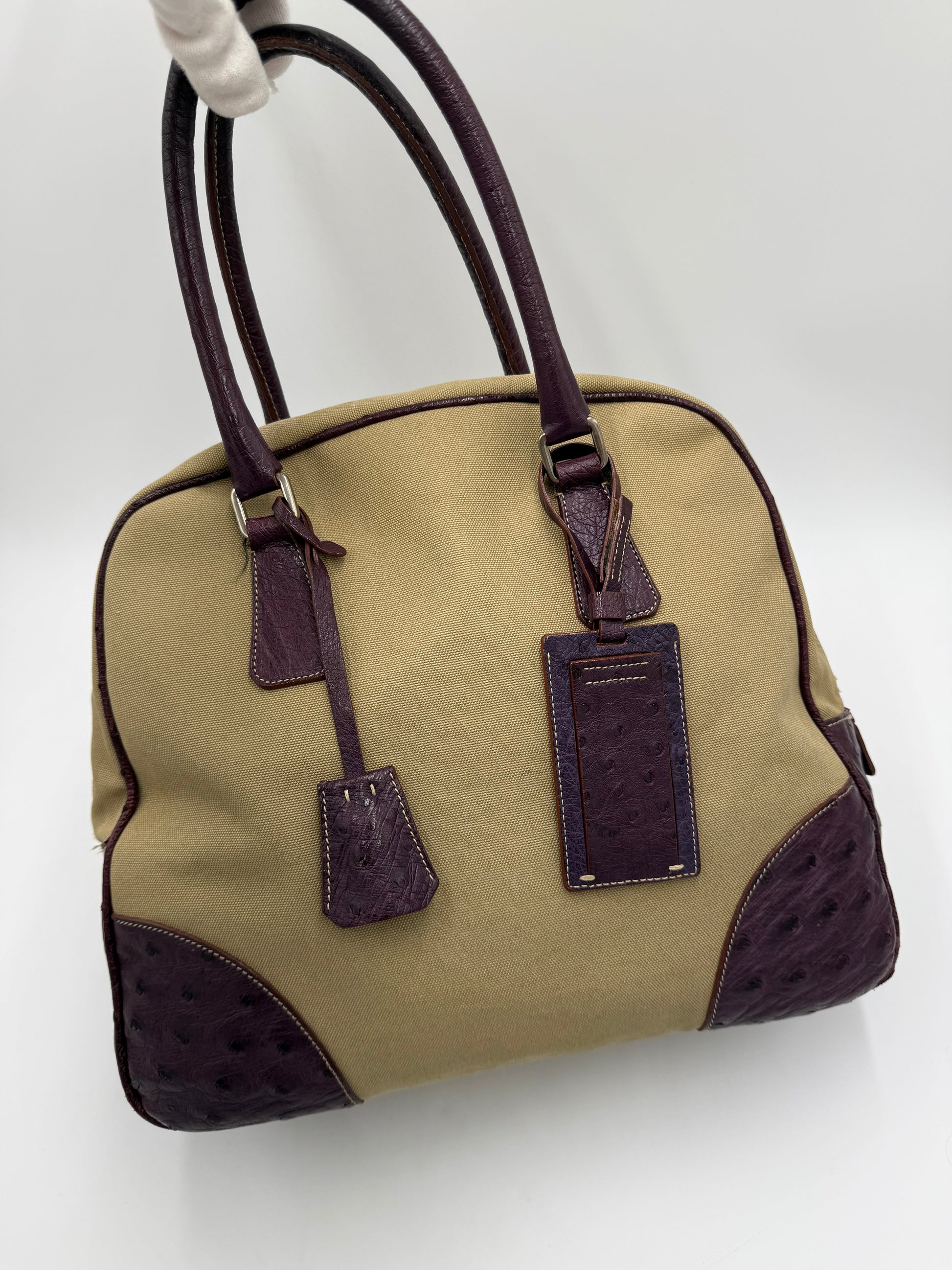 Prada Bauletto Vintage in Tela e Pelle di Struzzo Viola - Pally Vintage Closet