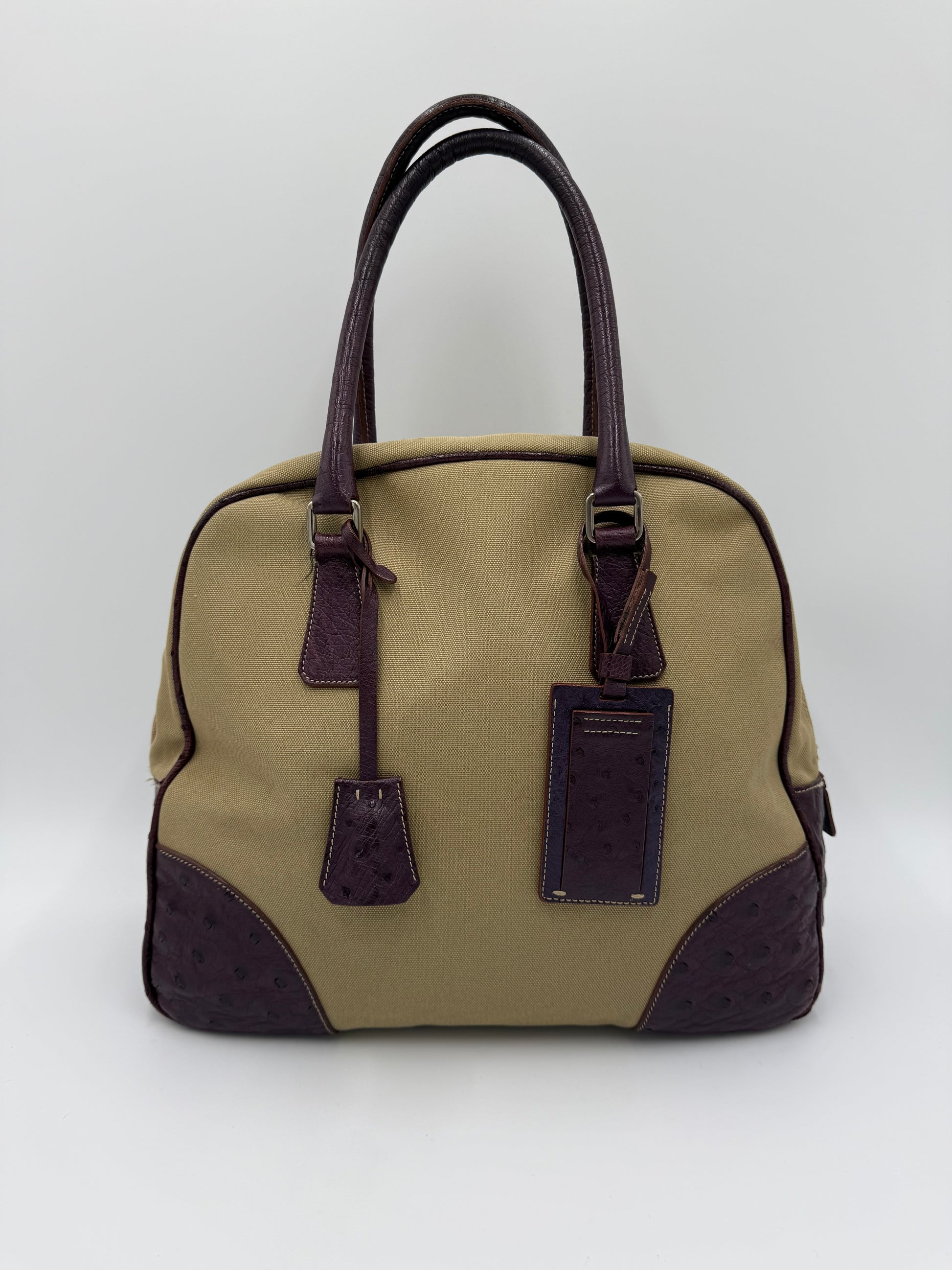 Prada Bauletto Vintage in Tela e Pelle di Struzzo Viola - Pally Vintage Closet