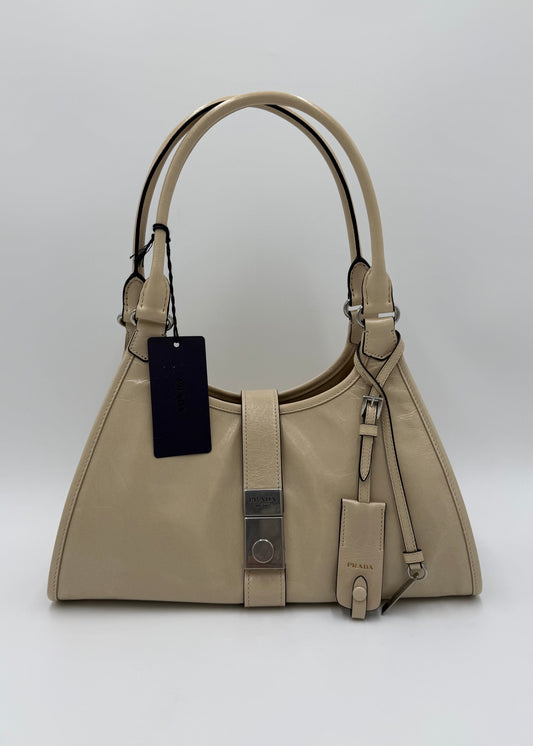 Prada Borsa Tote a Spalla in Pelle Soft Lux Media Travertino - Pally Vintage Closet