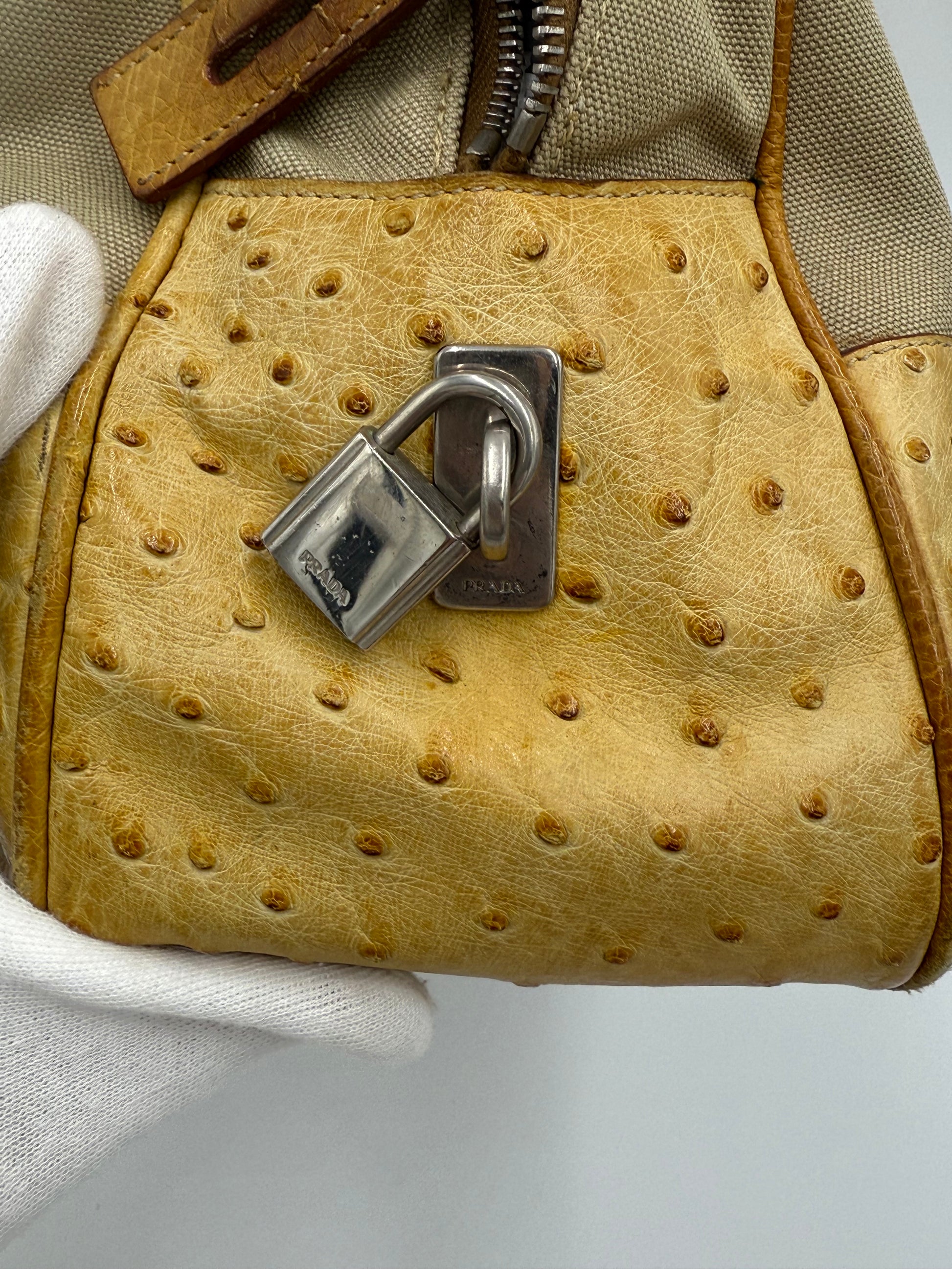 Prada Borsa Vintage in Tela e Pelle di Struzzo Beige - Pally Vintage Closet