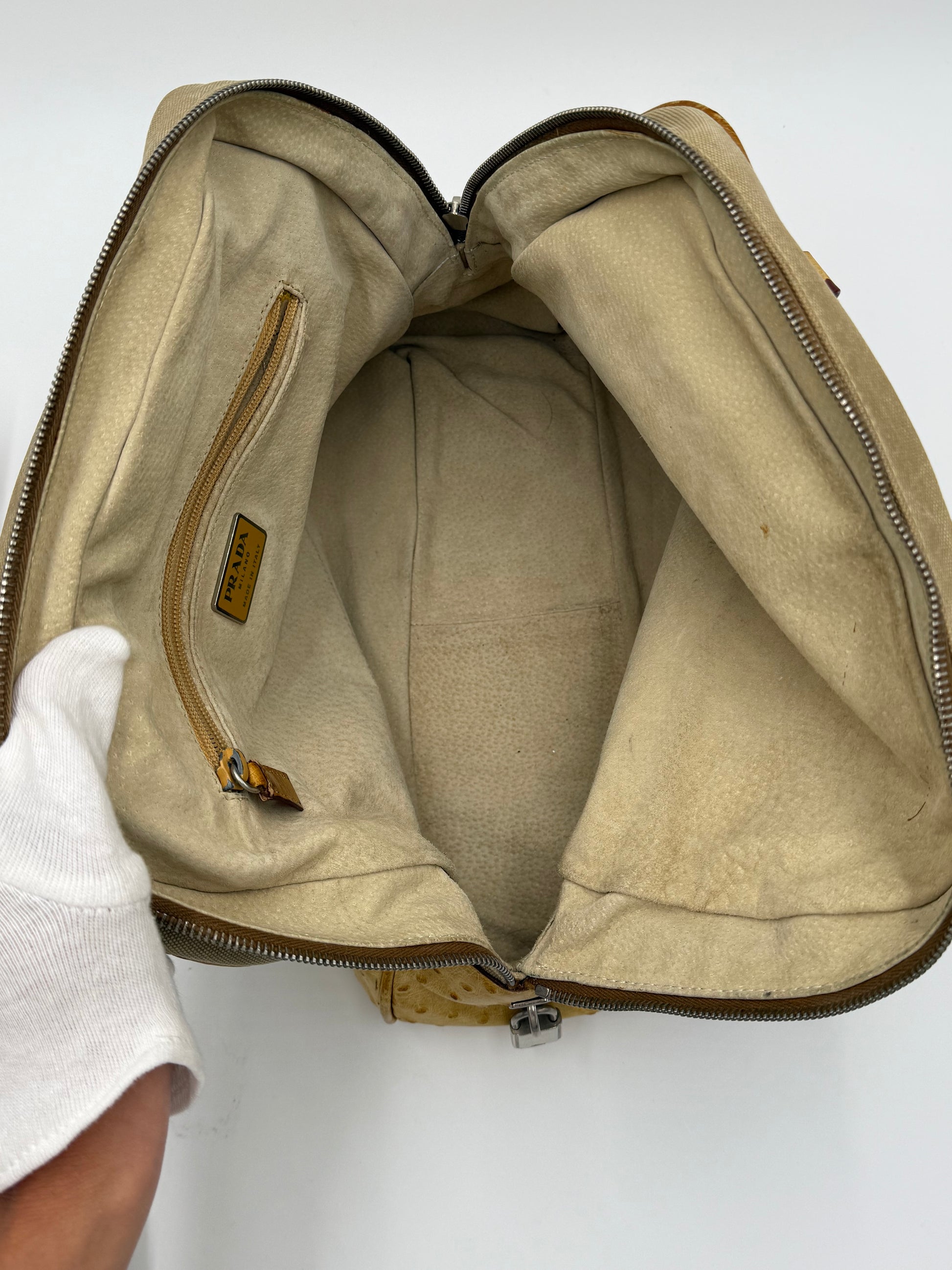 Prada Borsa Vintage in Tela e Pelle di Struzzo Beige - Pally Vintage Closet