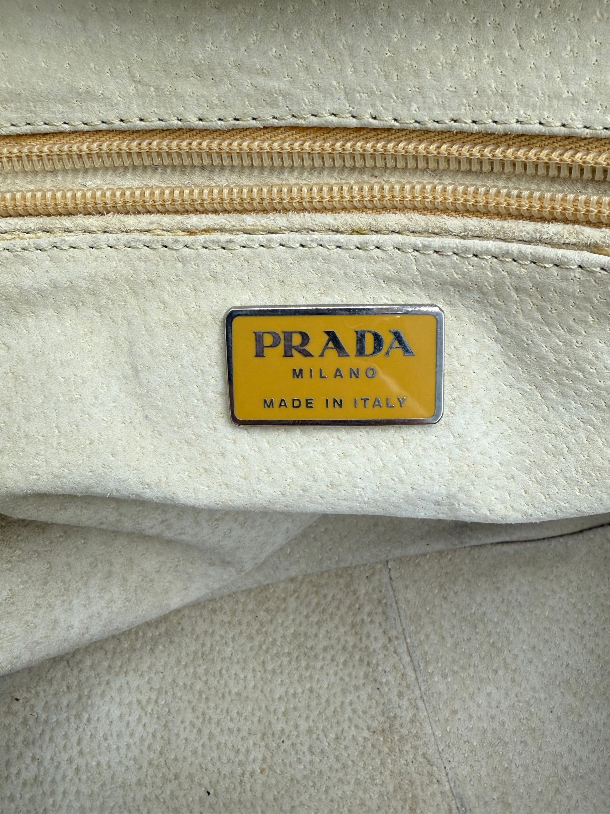 Prada Borsa Vintage in Tela e Pelle di Struzzo Beige - Pally Vintage Closet