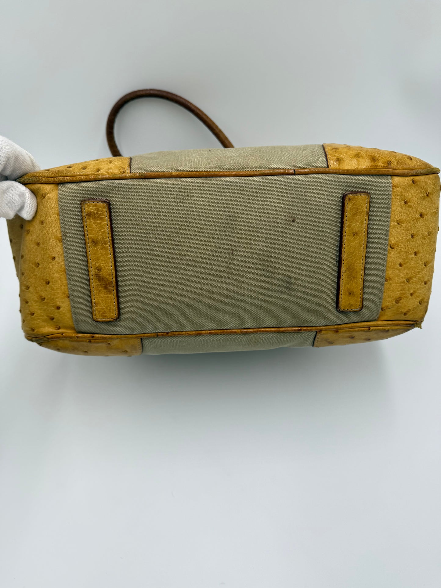 Prada Borsa Vintage in Tela e Pelle di Struzzo Beige - Pally Vintage Closet