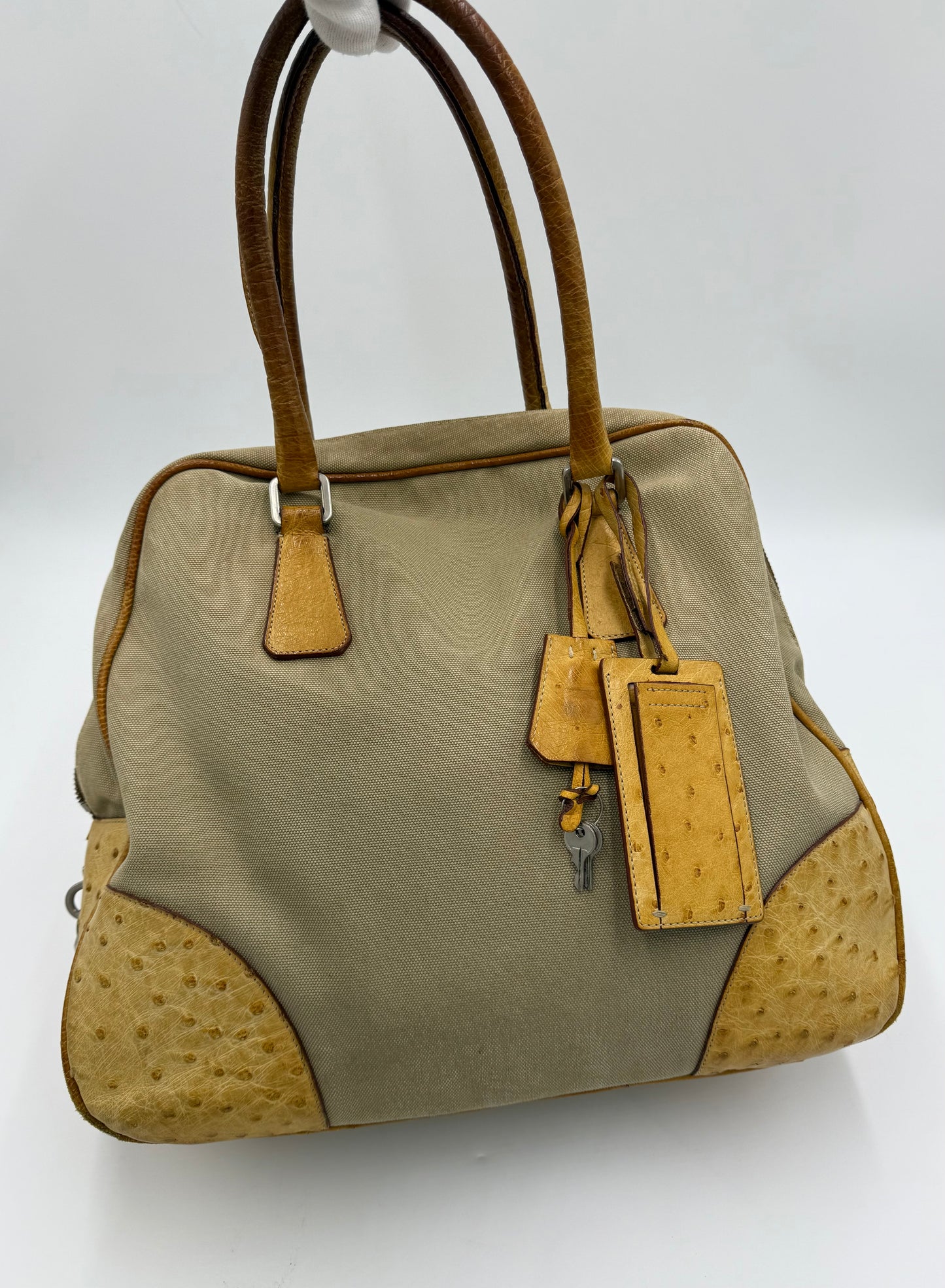 Prada Borsa Vintage in Tela e Pelle di Struzzo Beige - Pally Vintage Closet