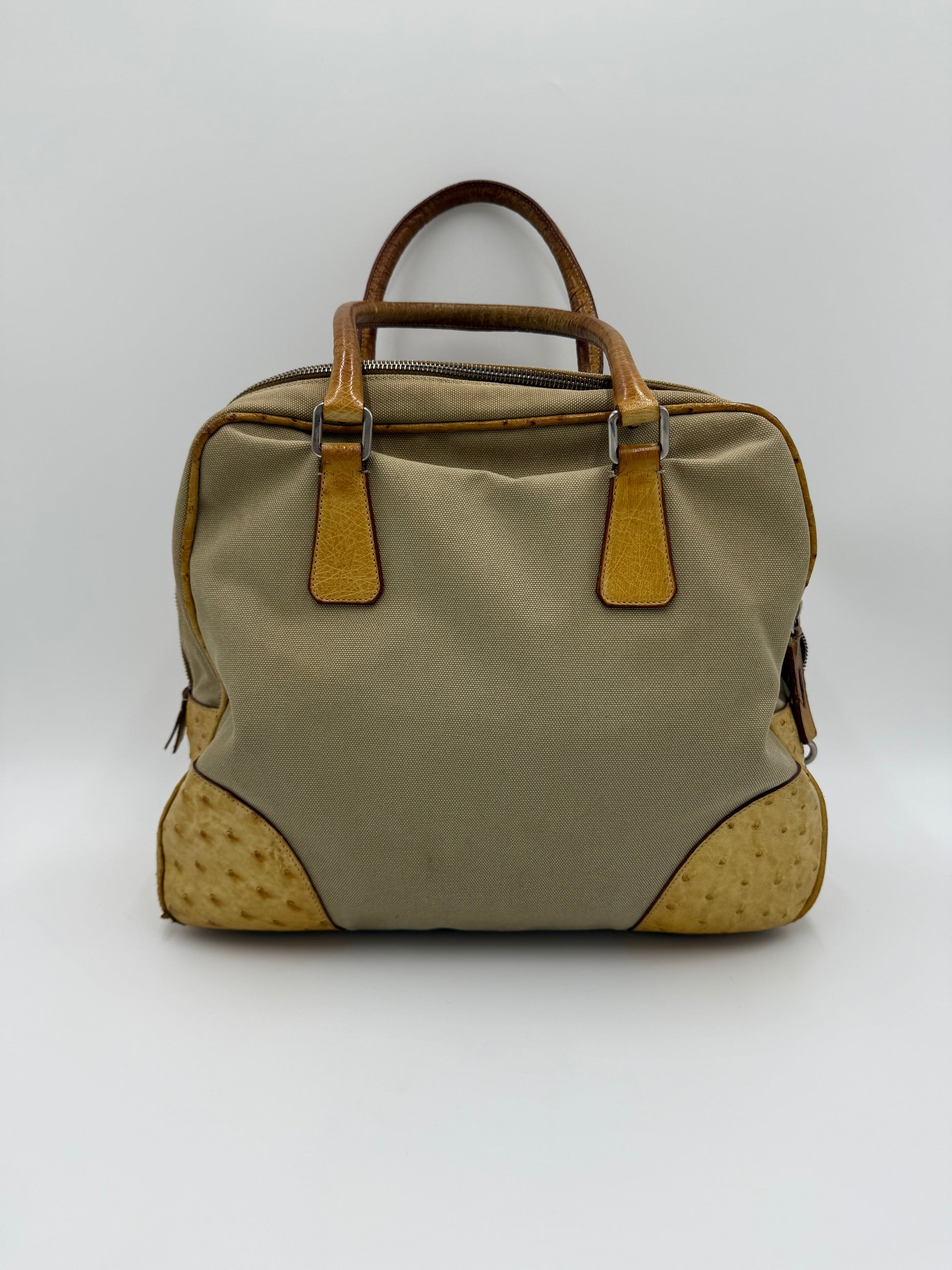 Prada Borsa Vintage in Tela e Pelle di Struzzo Beige - Pally Vintage Closet