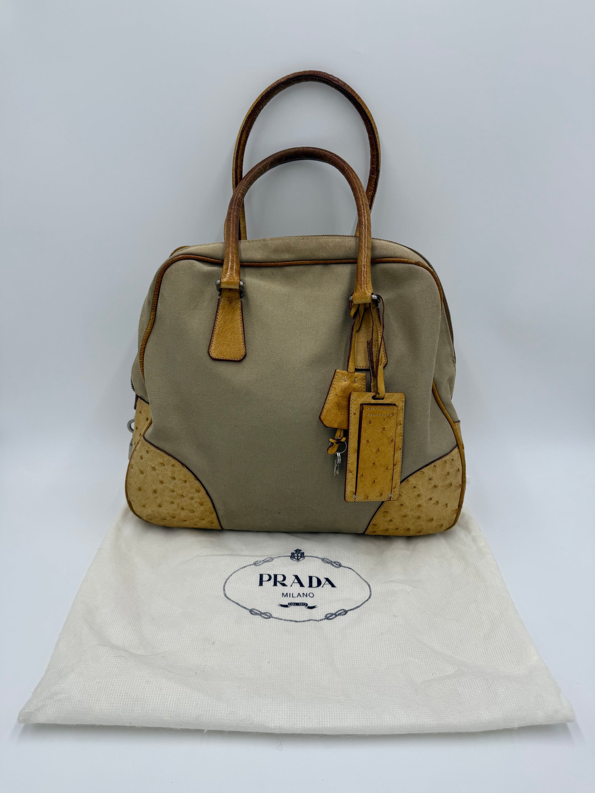 Prada Borsa Vintage in Tela e Pelle di Struzzo Beige - Pally Vintage Closet