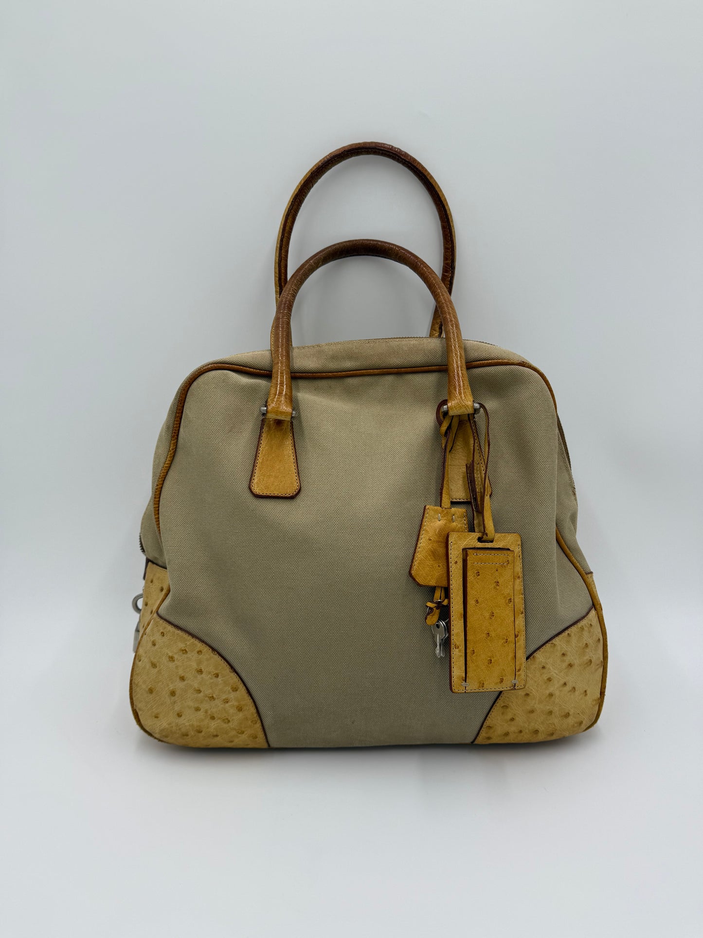 Prada Borsa Vintage in Tela e Pelle di Struzzo Beige - Pally Vintage Closet