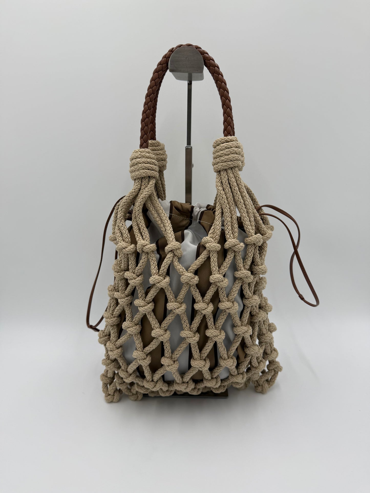 Prada Borsa a Secchiello Noué in Corda e Tessuto Re-Nylon Beige - Pally Vintage Closet