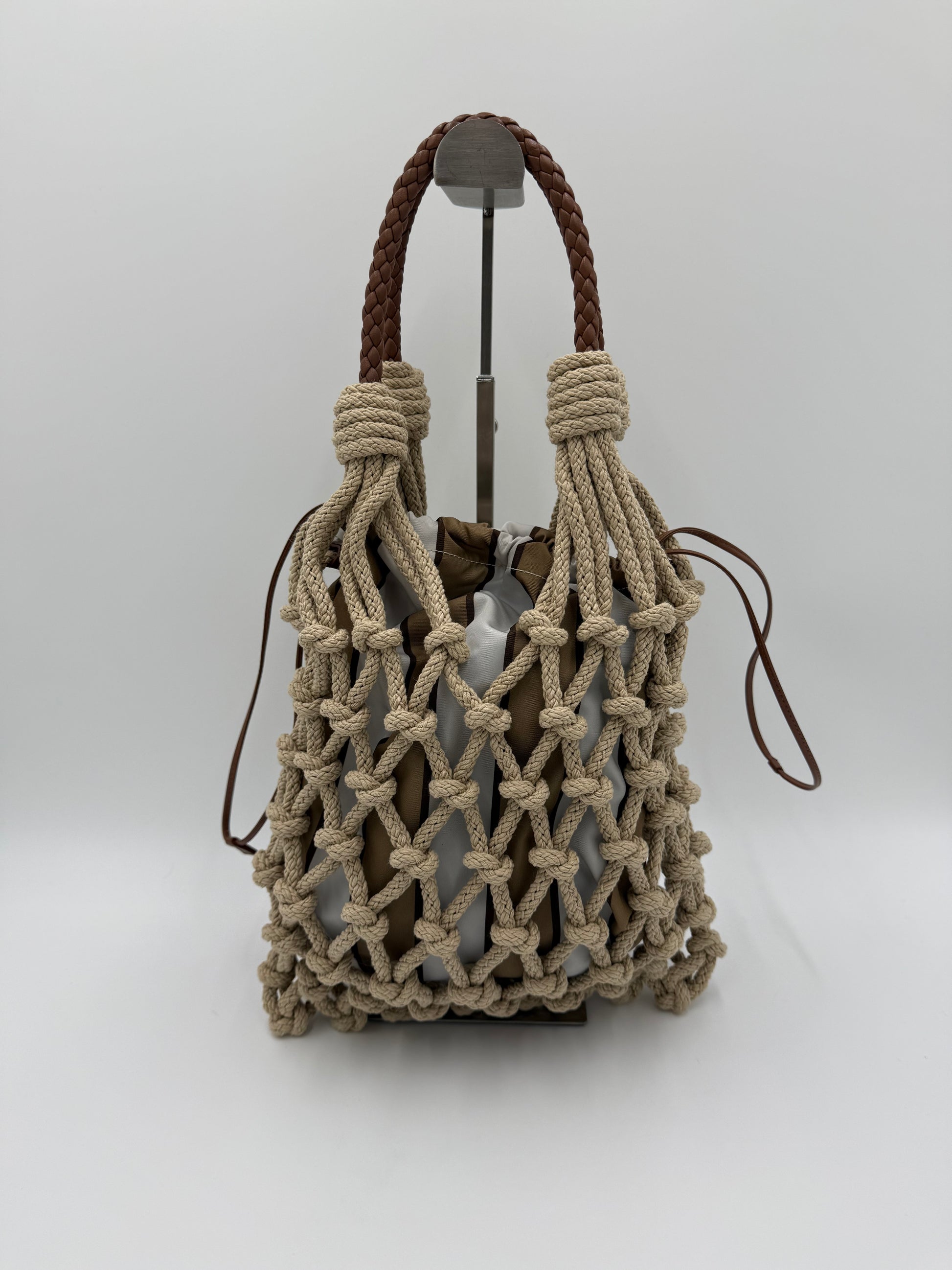 Prada Borsa a Secchiello Noué in Corda e Tessuto Re-Nylon Beige - Pally Vintage Closet