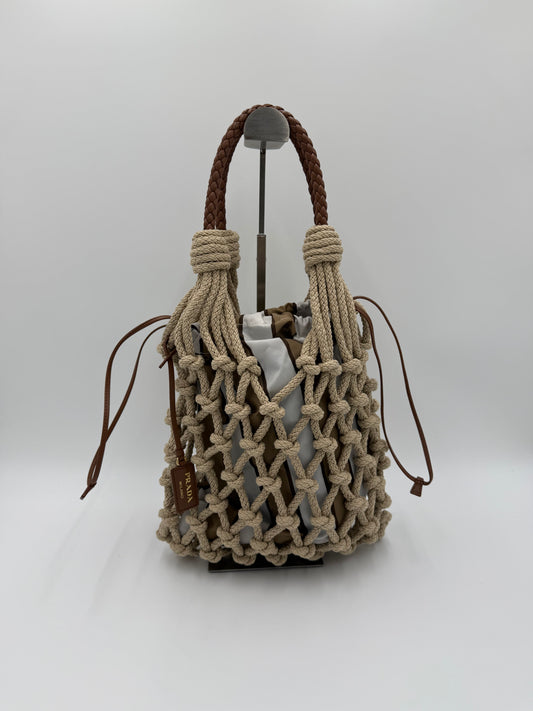 Prada Borsa a Secchiello Noué in Corda e Tessuto Re-Nylon Beige - Pally Vintage Closet