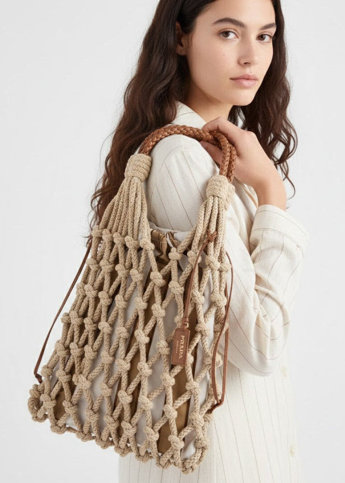 Prada Borsa a Secchiello Noué in Corda e Tessuto Re-Nylon Beige - Pally Vintage Closet