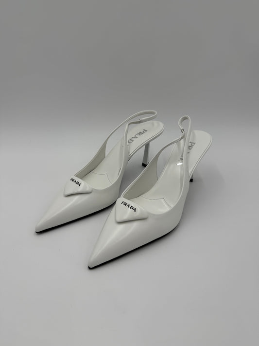 Prada Décolleté Slingback in Pelle con Logo Triangolo Bianco - Pally Vintage Closet