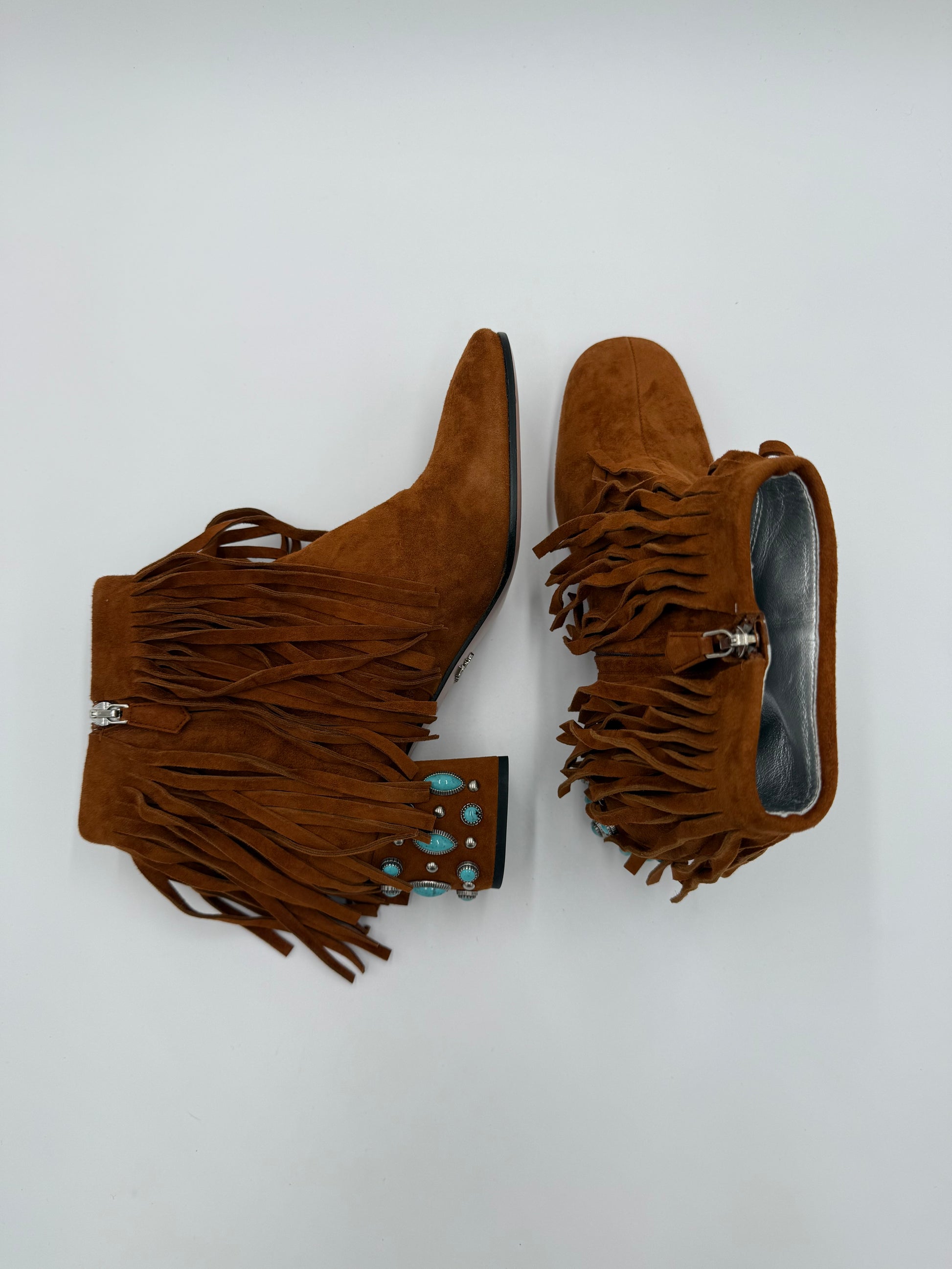 Prada Stivaletti in Camoscio Marrone con Frange e Tacco Gioiello - Pally Vintage Closet