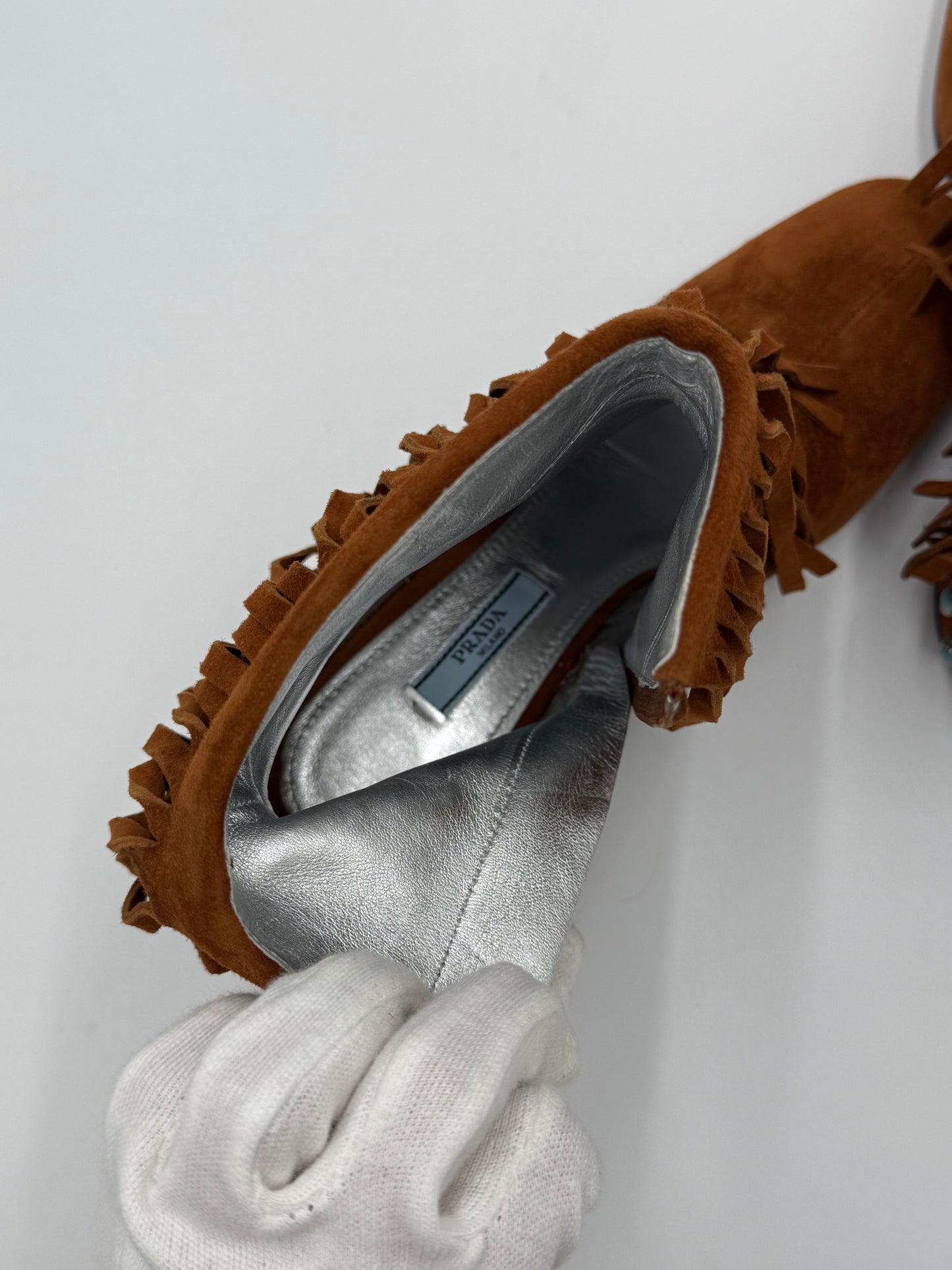 Prada Stivaletti in Camoscio Marrone con Frange e Tacco Gioiello - Pally Vintage Closet