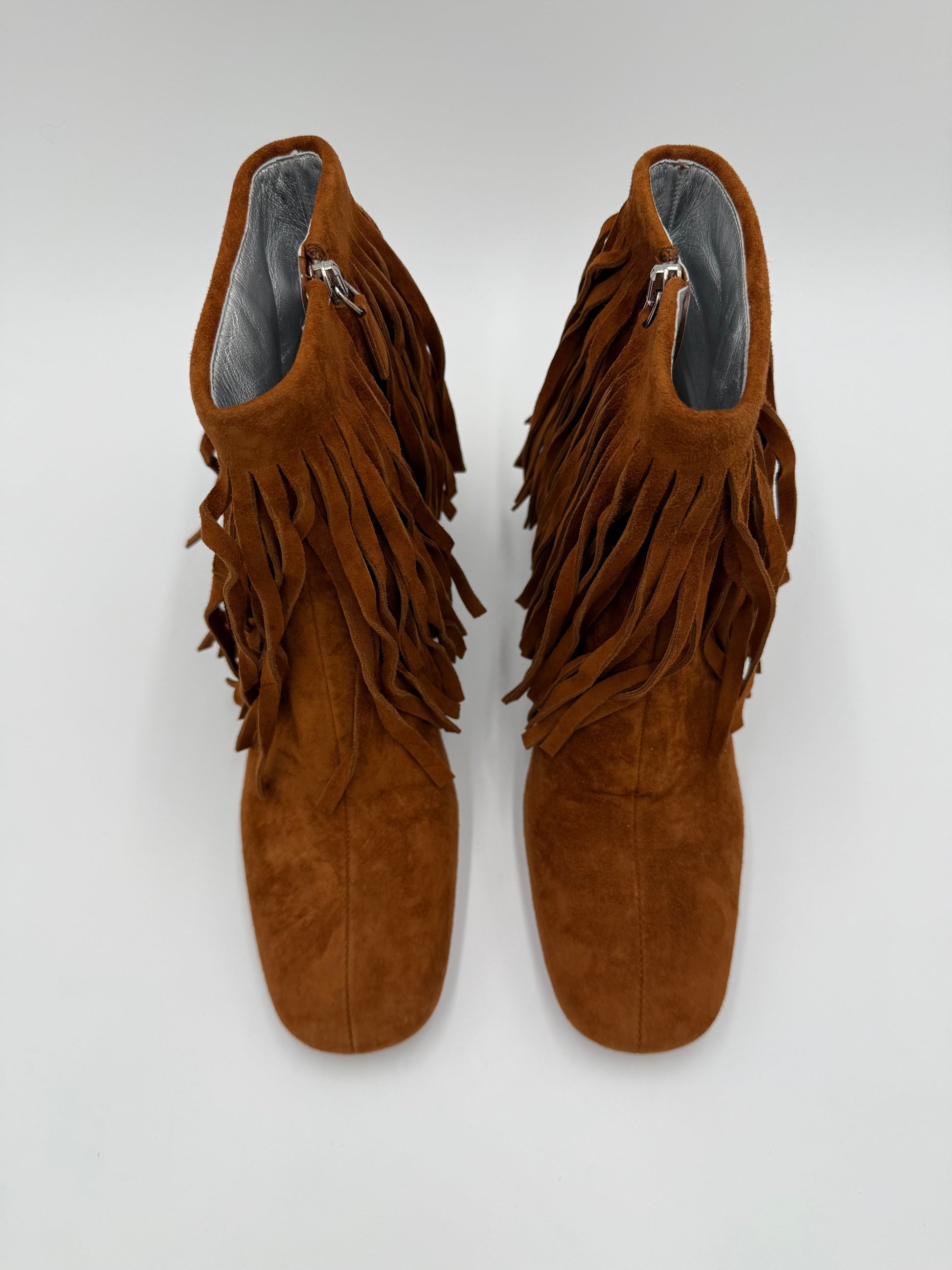 Prada Stivaletti in Camoscio Marrone con Frange e Tacco Gioiello - Pally Vintage Closet