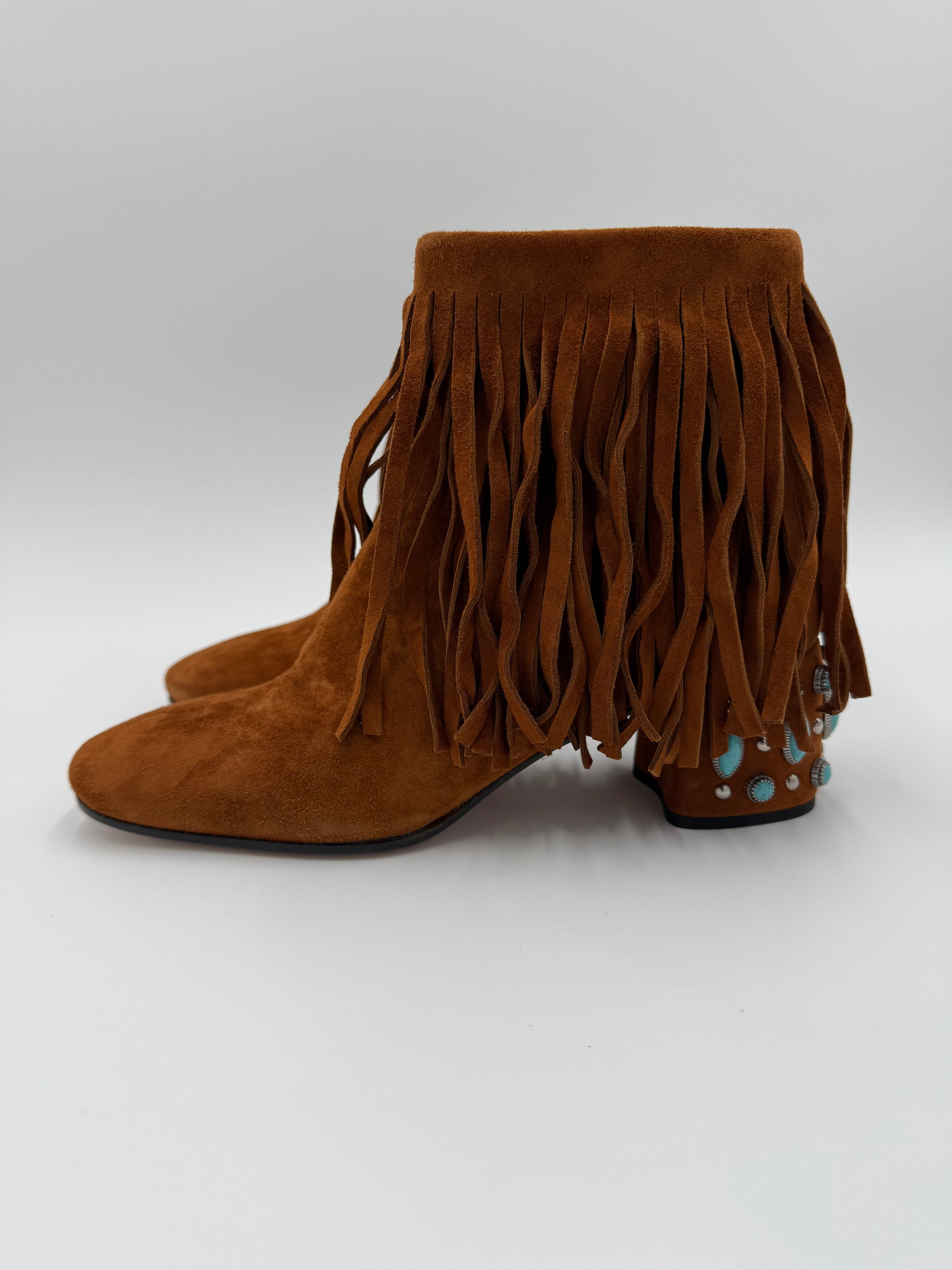 Prada Stivaletti in Camoscio Marrone con Frange e Tacco Gioiello - Pally Vintage Closet