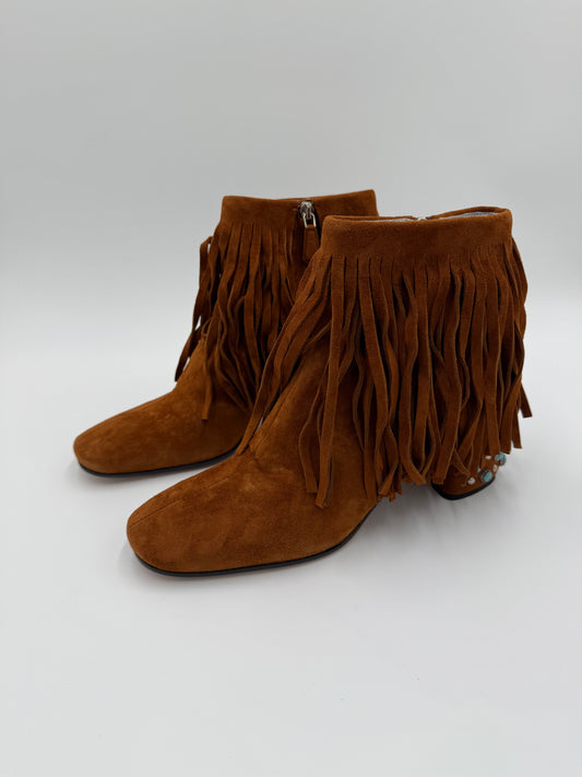Prada Stivaletti in Camoscio Marrone con Frange e Tacco Gioiello - Pally Vintage Closet