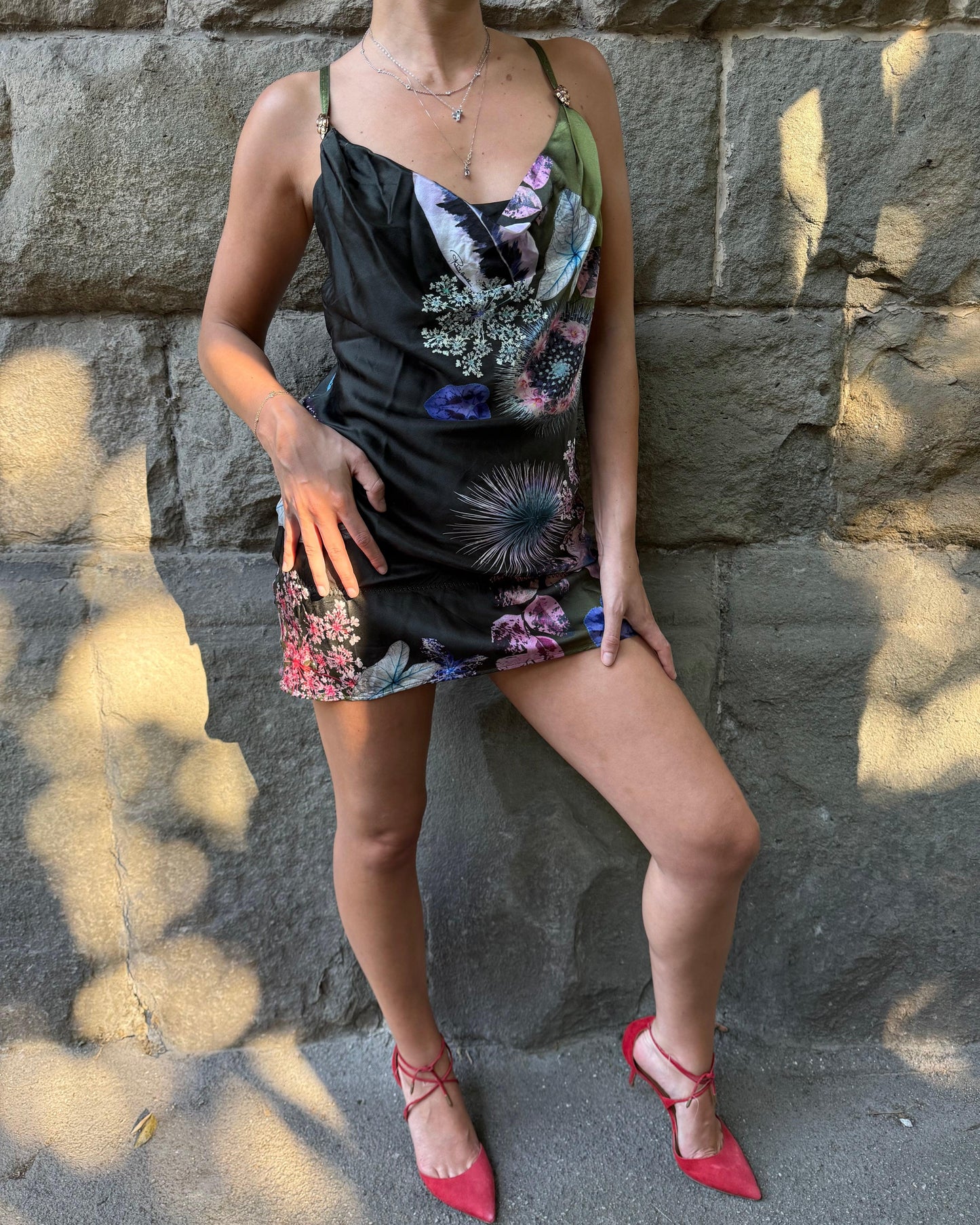 Roberto Cavalli Abito Mini Vintage in Pura Seta Stampa Botanica Verde - Pally Vintage Closet