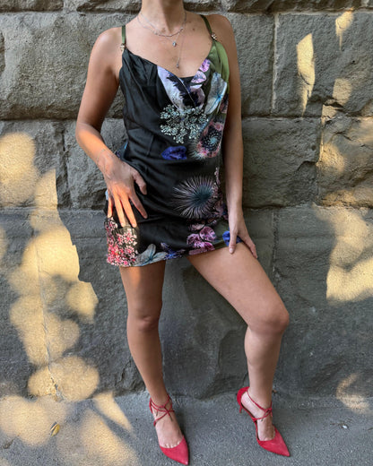 Roberto Cavalli Abito Mini Vintage in Pura Seta Stampa Botanica Verde - Pally Vintage Closet