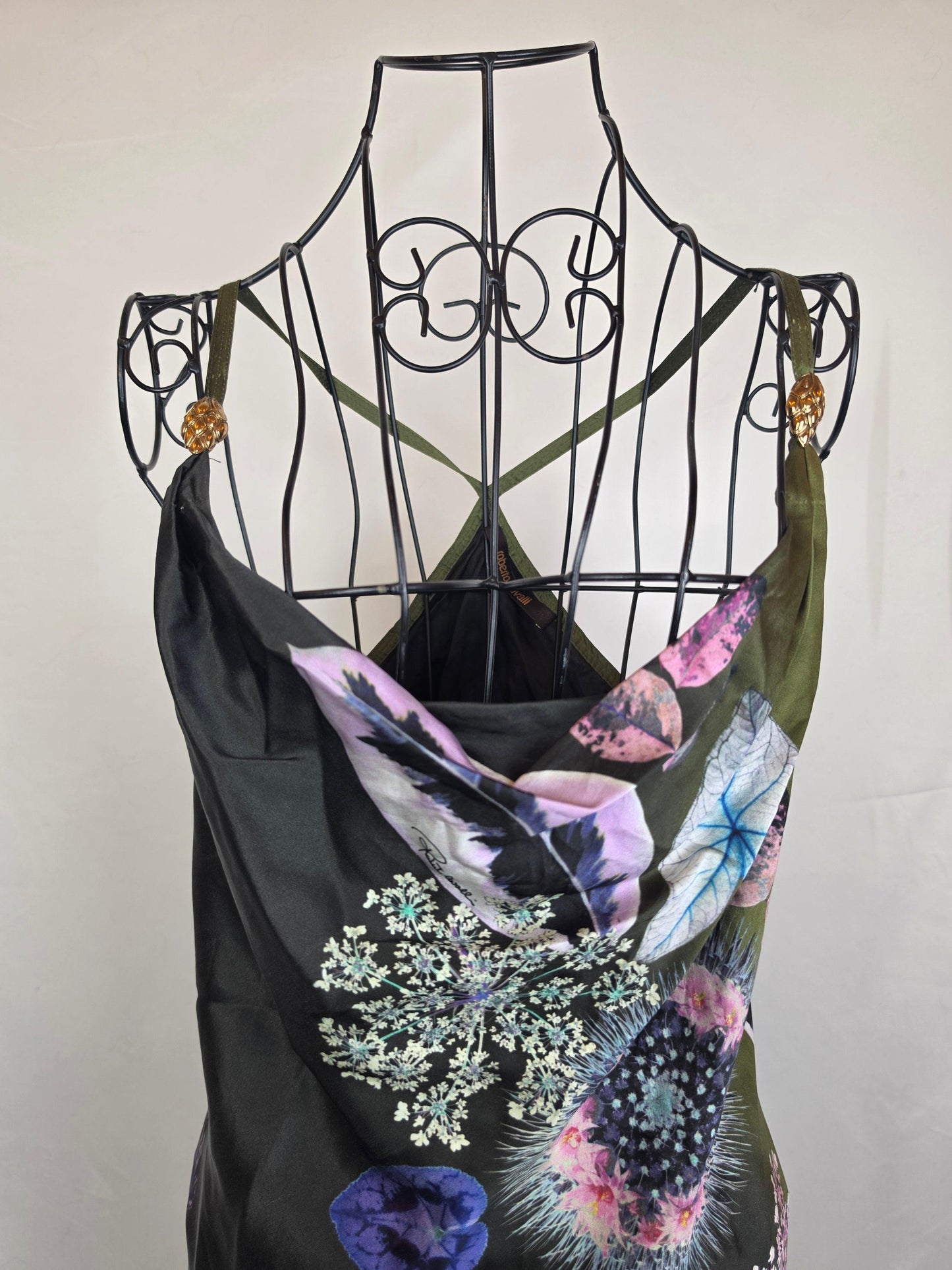 Roberto Cavalli Abito Mini Vintage in Pura Seta Stampa Botanica Verde - Pally Vintage Closet
