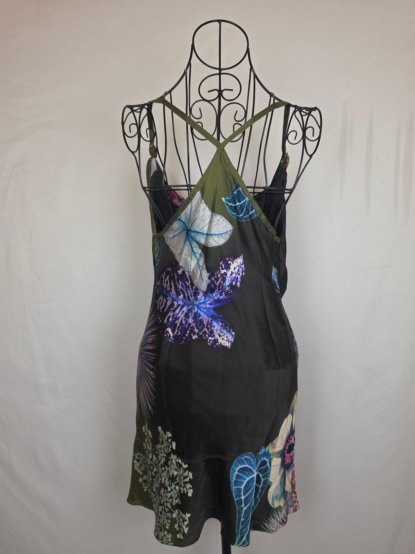 Roberto Cavalli Abito Mini Vintage in Pura Seta Stampa Botanica Verde - Pally Vintage Closet