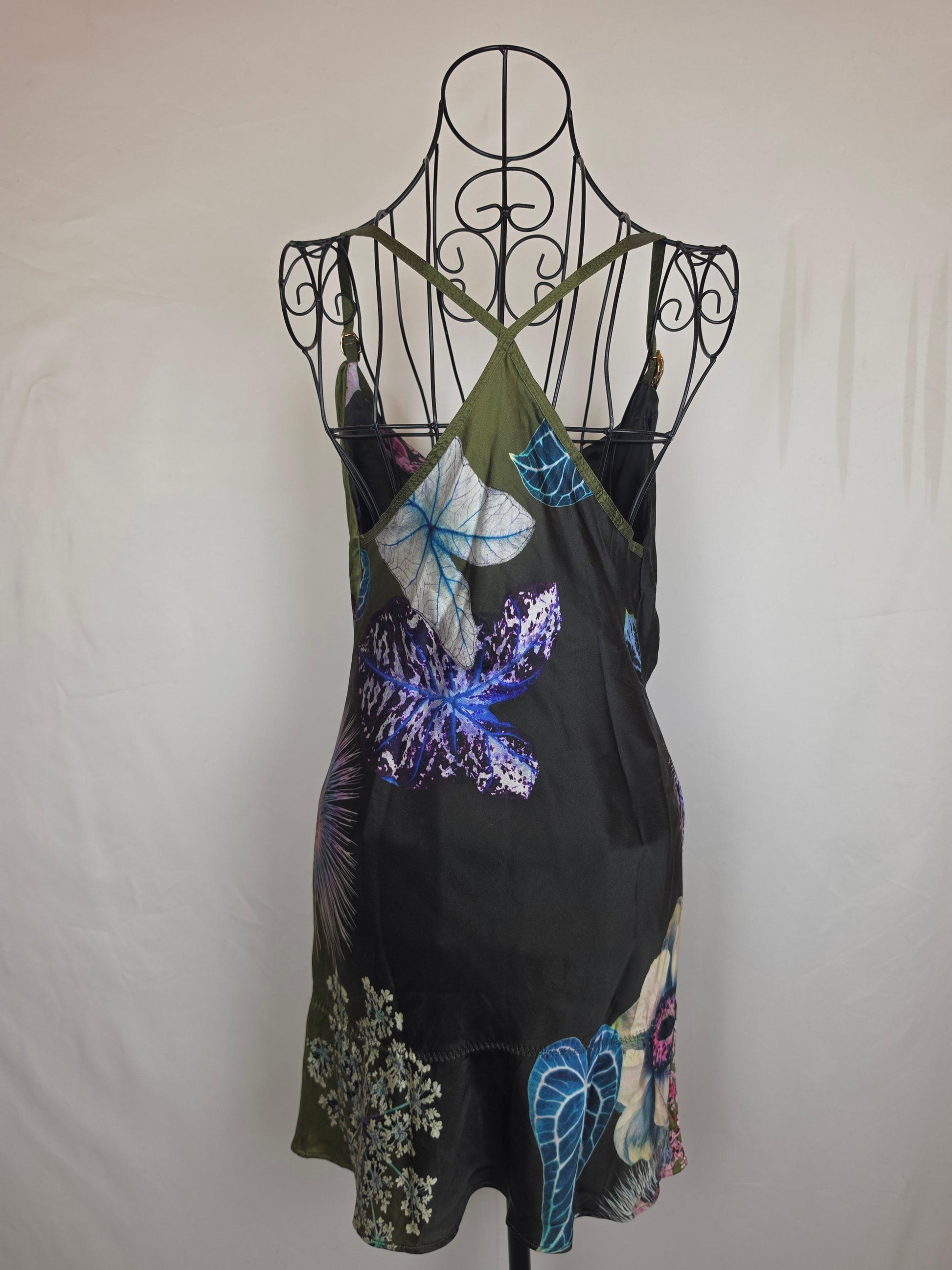 Roberto Cavalli Abito Mini Vintage in Pura Seta Stampa Botanica Verde - Pally Vintage Closet