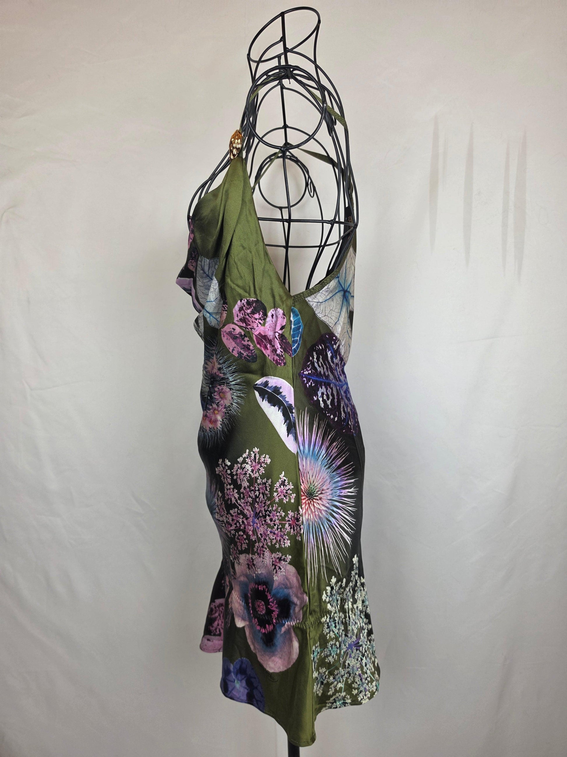 Roberto Cavalli Abito Mini Vintage in Pura Seta Stampa Botanica Verde - Pally Vintage Closet