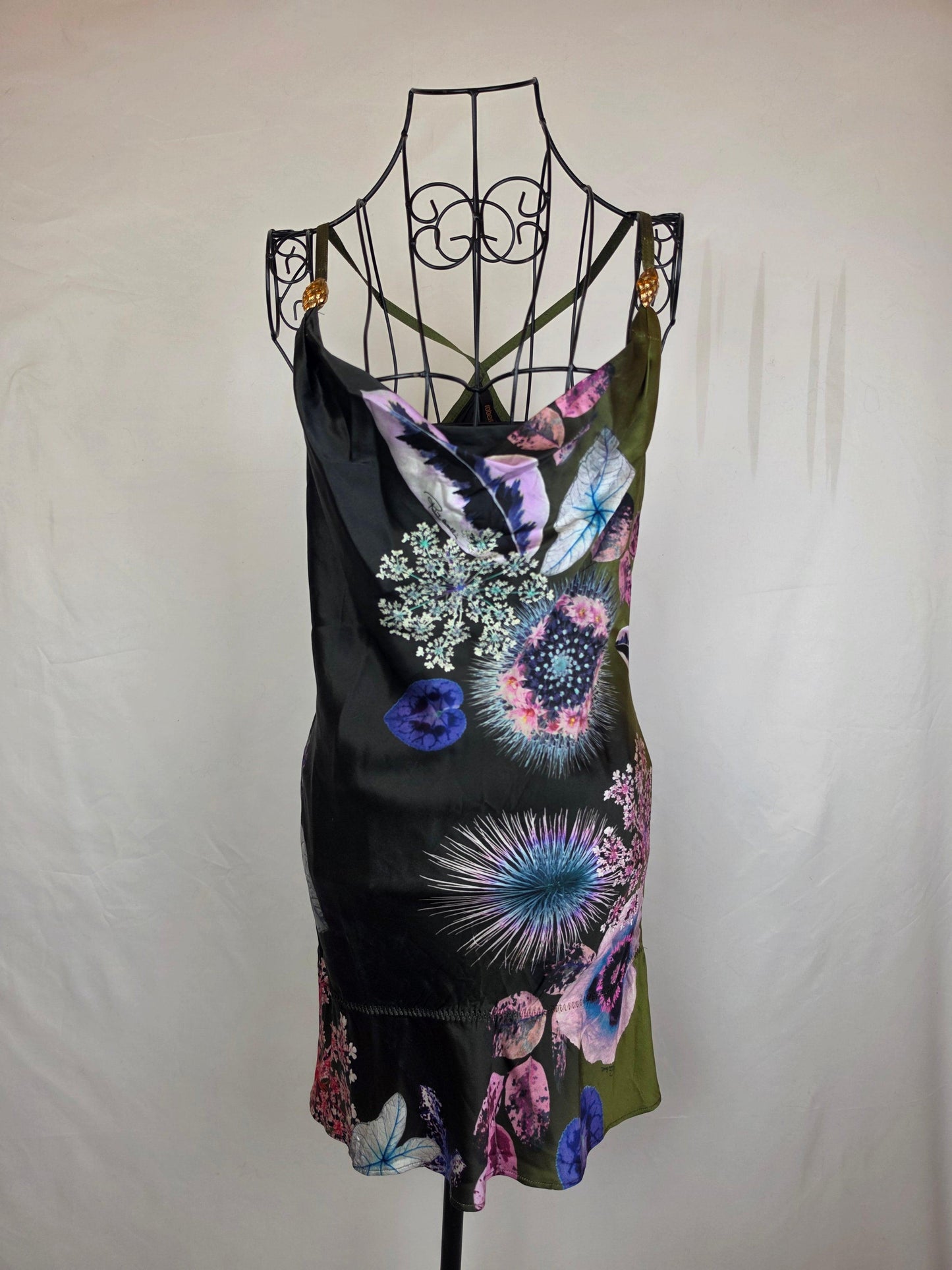 Roberto Cavalli Abito Mini Vintage in Pura Seta Stampa Botanica Verde - Pally Vintage Closet