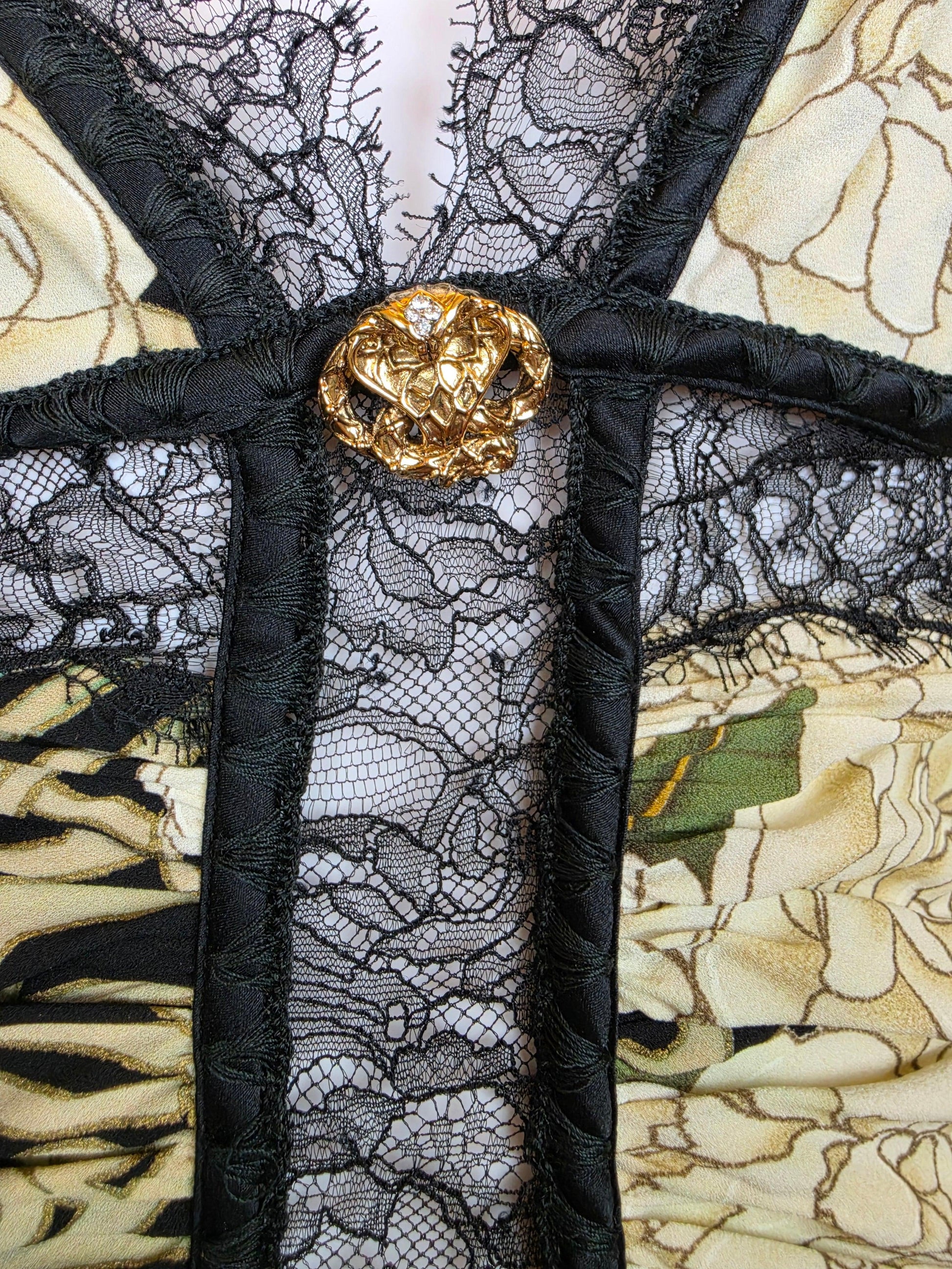 Roberto Cavalli Abito Slip Vintage 2006 in Seta con Stampa Floreale e Pizzo Nero - Pally Vintage Closet