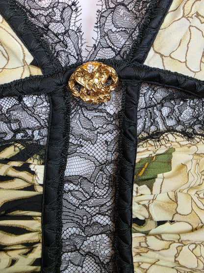 Roberto Cavalli Abito Slip Vintage 2006 in Seta con Stampa Floreale e Pizzo Nero - Pally Vintage Closet