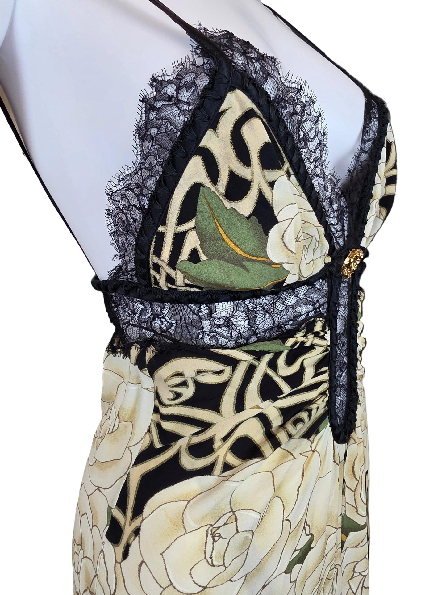 Roberto Cavalli Abito Slip Vintage 2006 in Seta con Stampa Floreale e Pizzo Nero - Pally Vintage Closet