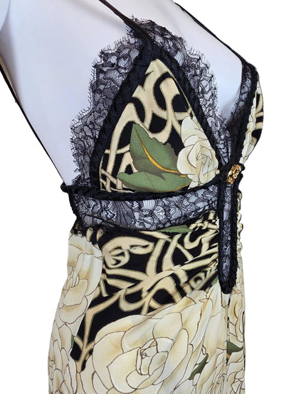 Roberto Cavalli Abito Slip Vintage 2006 in Seta con Stampa Floreale e Pizzo Nero - Pally Vintage Closet