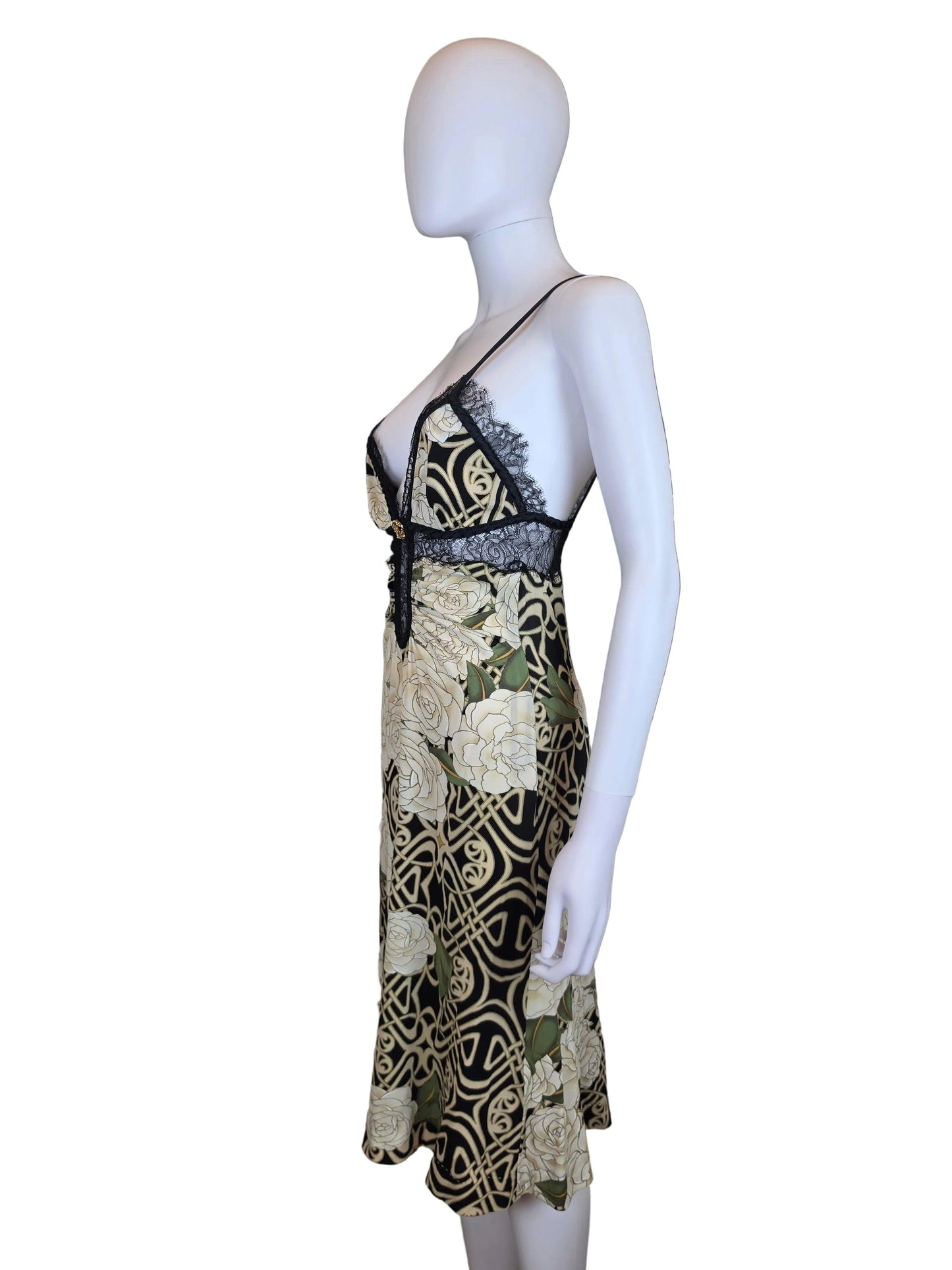 Roberto Cavalli Abito Slip Vintage 2006 in Seta con Stampa Floreale e Pizzo Nero - Pally Vintage Closet