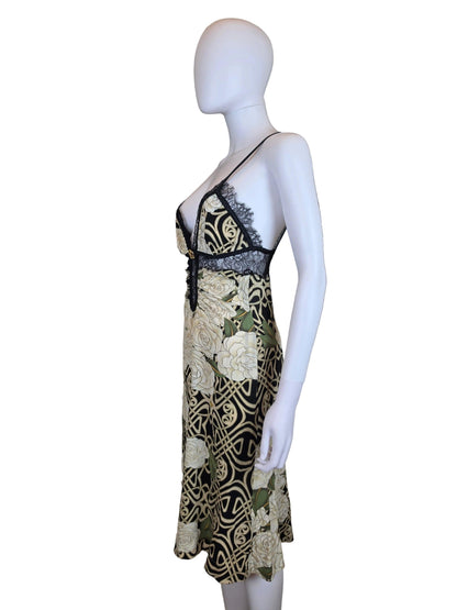 Roberto Cavalli Abito Slip Vintage 2006 in Seta con Stampa Floreale e Pizzo Nero - Pally Vintage Closet