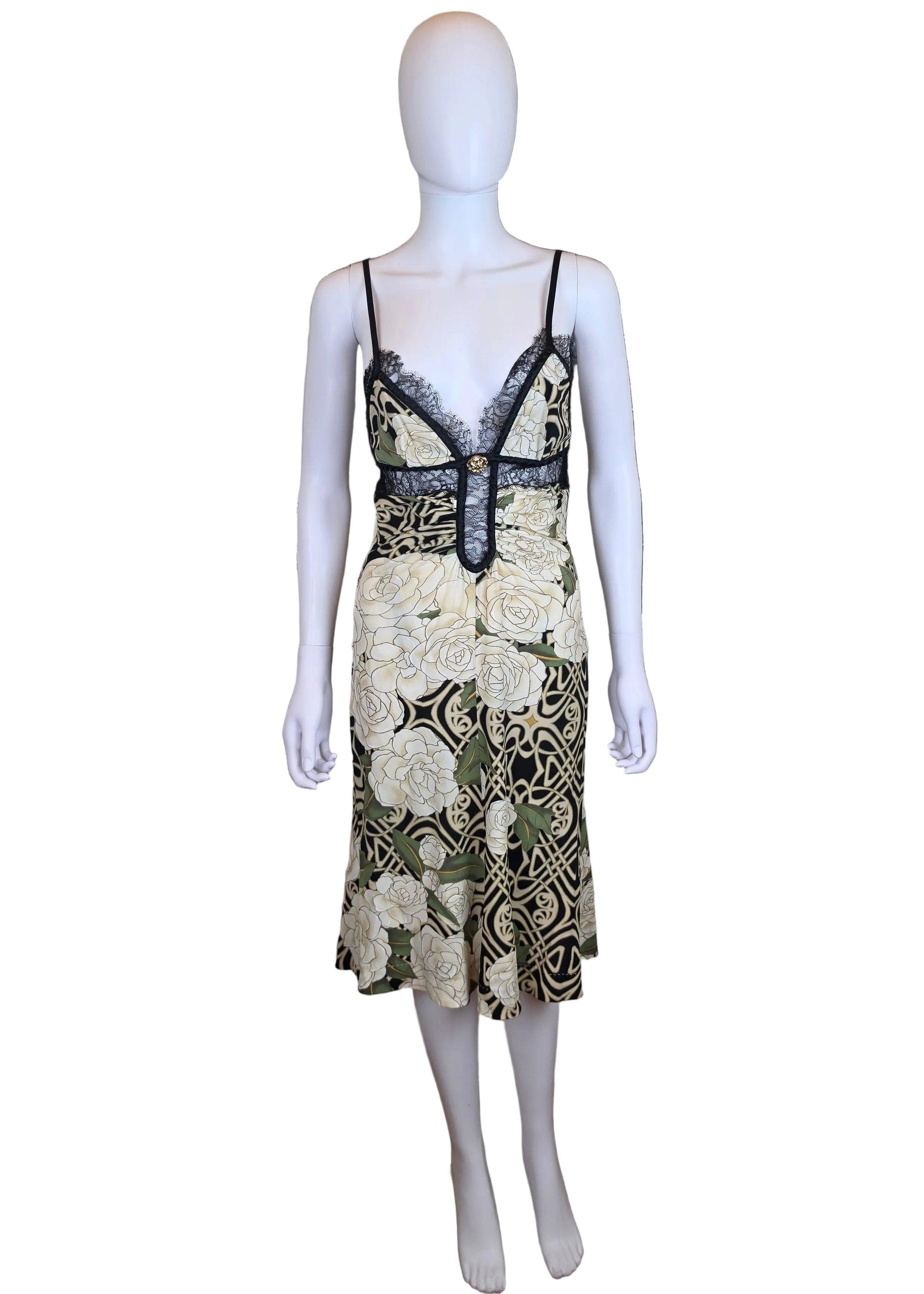 Roberto Cavalli Abito Slip Vintage 2006 in Seta con Stampa Floreale e Pizzo Nero - Pally Vintage Closet