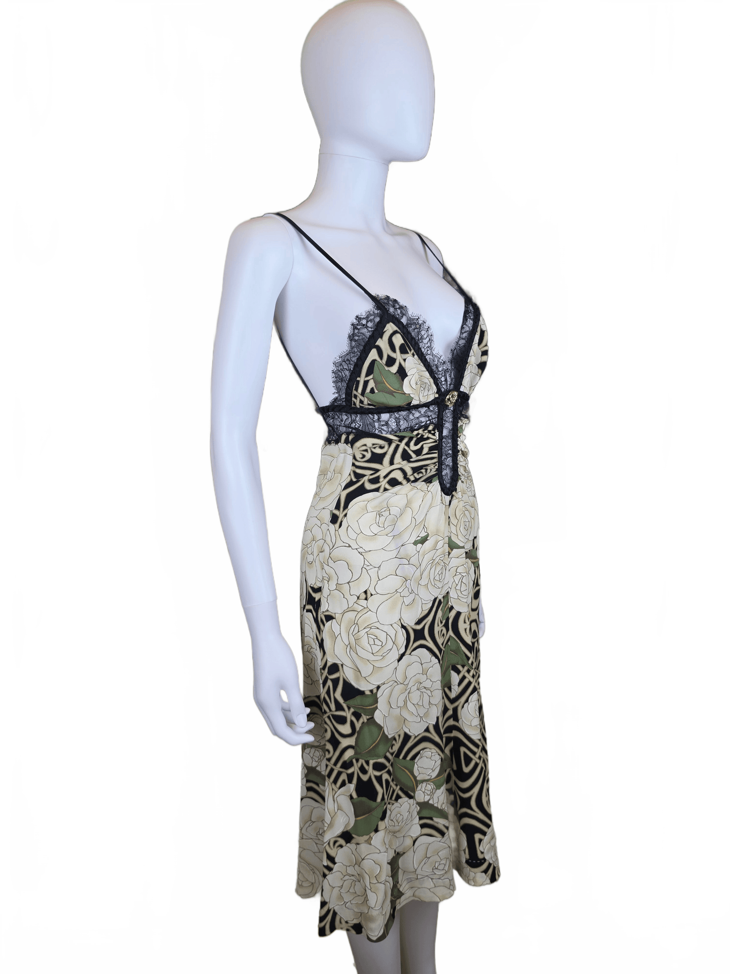 Roberto Cavalli Abito Slip Vintage 2006 in Seta con Stampa Floreale e Pizzo Nero - Pally Vintage Closet