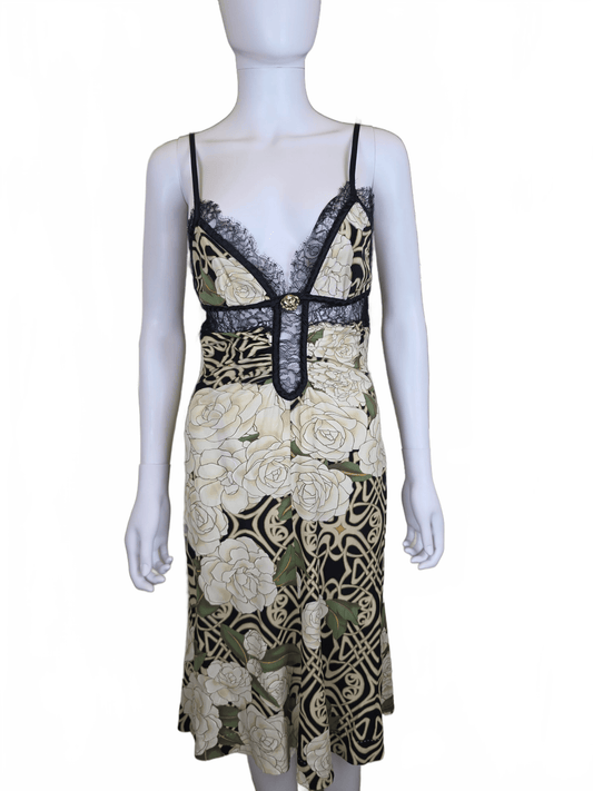 Roberto Cavalli Abito Slip Vintage 2006 in Seta con Stampa Floreale e Pizzo Nero - Pally Vintage Closet